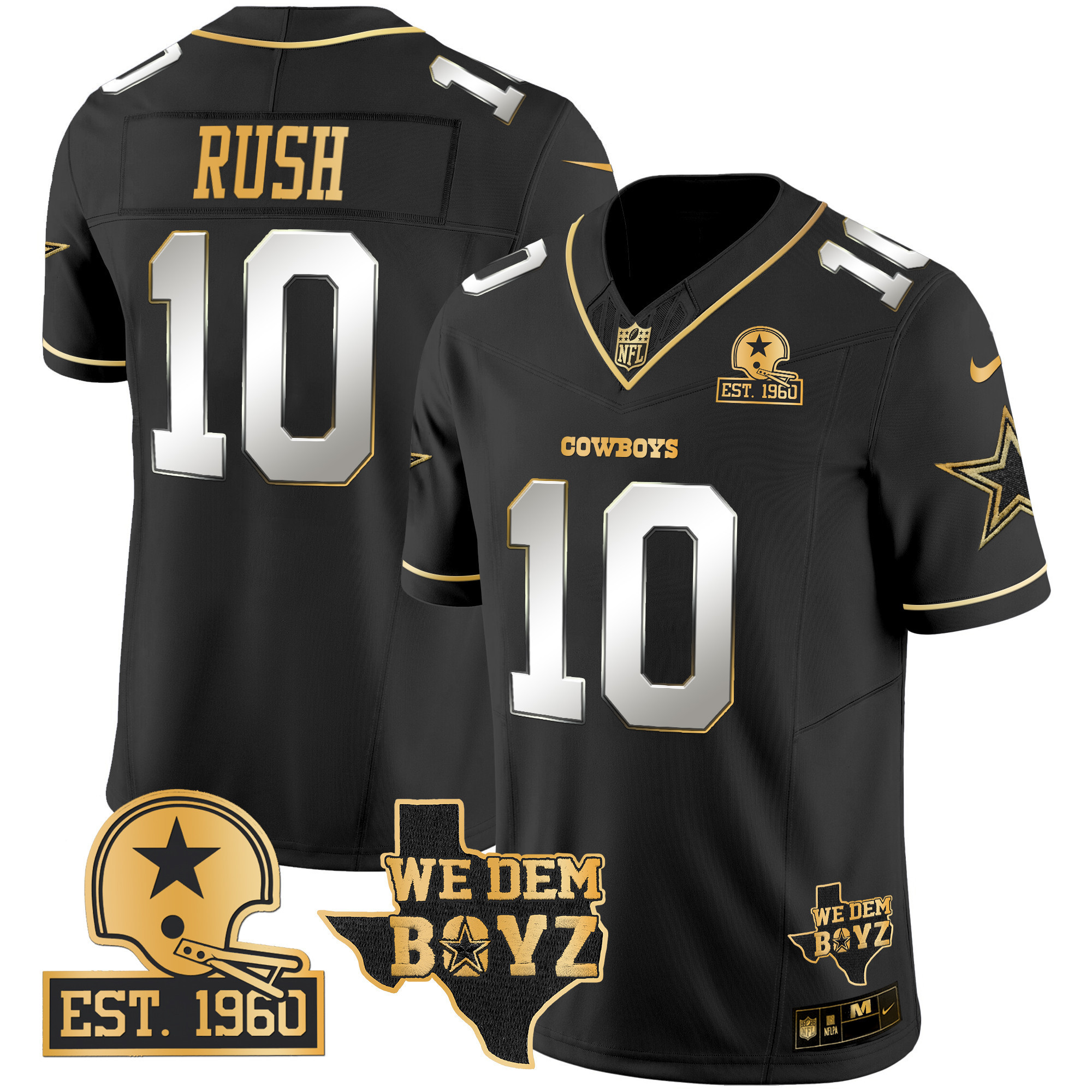 Cooper Rush Men's Dallas Cowboys Est. 1960 & We Dem Boyz Patch Gold Vapor Limited Black Limited Jersey - All Stitched