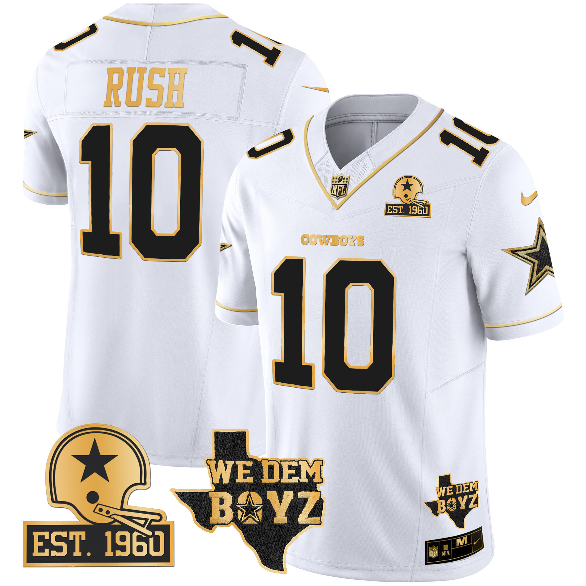 Cooper Rush Men's Dallas Cowboys Est. 1960 & We Dem Boyz Patch Gold Vapor Limited White Gold Jersey - All Stitched