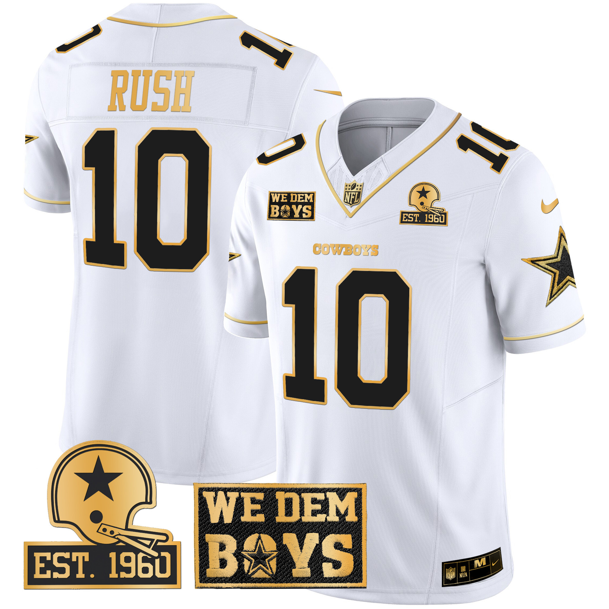 Cooper Rush Men's Dallas Cowboys Est. 1960 & We Dem Boyz Patch Gold Vapor Limited White Gold Jersey - All Stitched