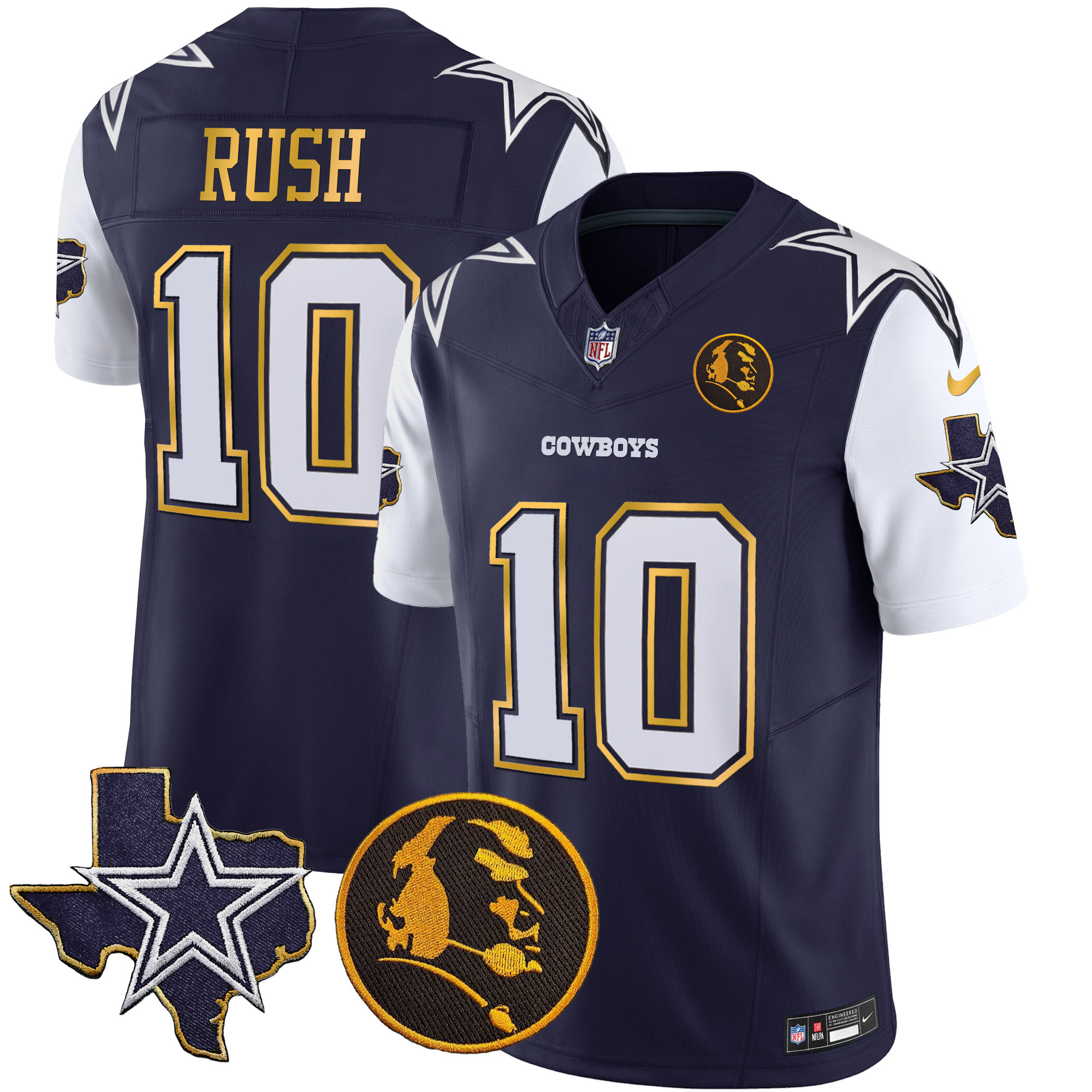 Cooper Rush Men's Dallas Cowboys Texas & John Madden Patch Gold Trim Vapor Navy Jersey - All Stitched