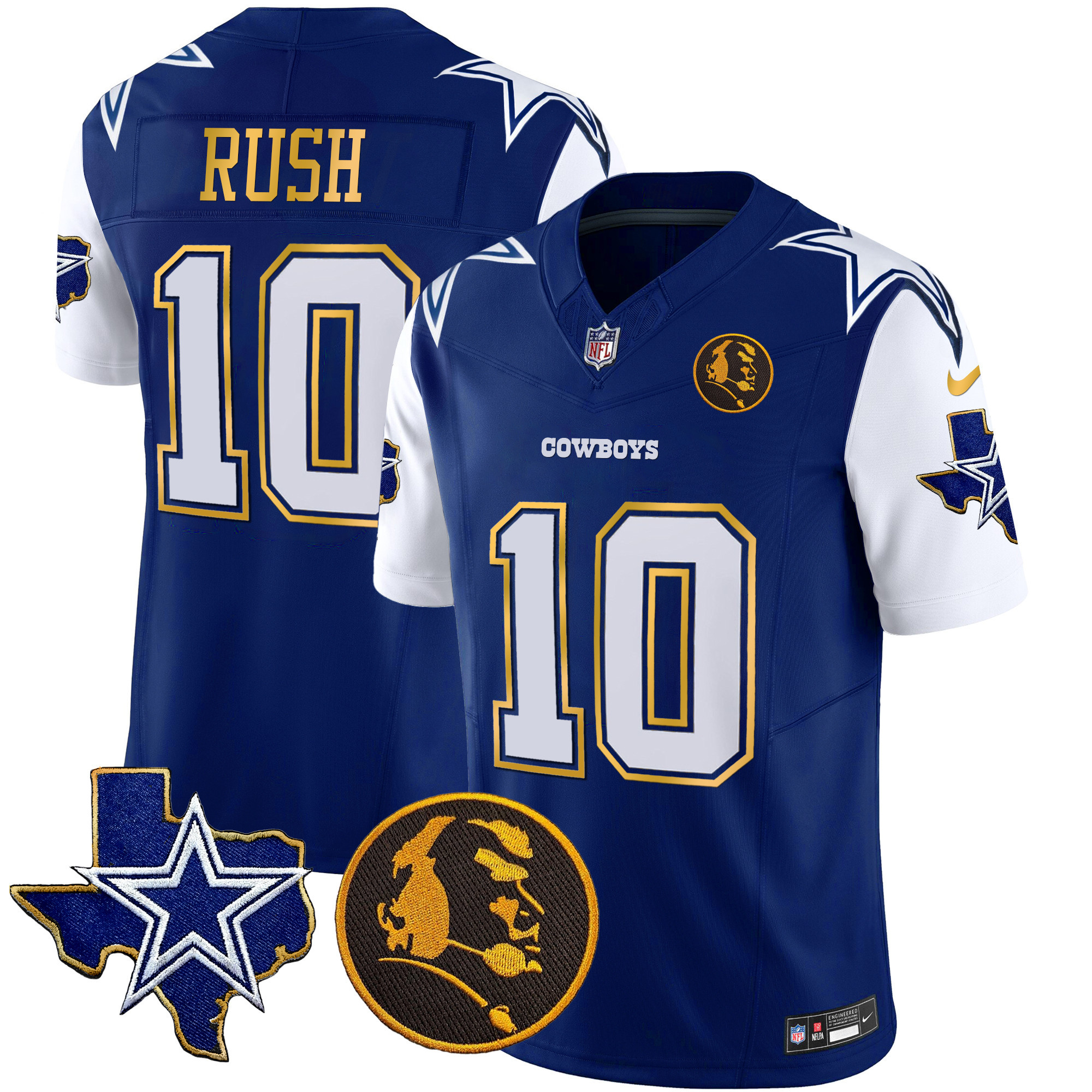 Cooper Rush Men's Dallas Cowboys Texas & John Madden Patch Gold Trim Vapor Royal Jersey - All Stitched