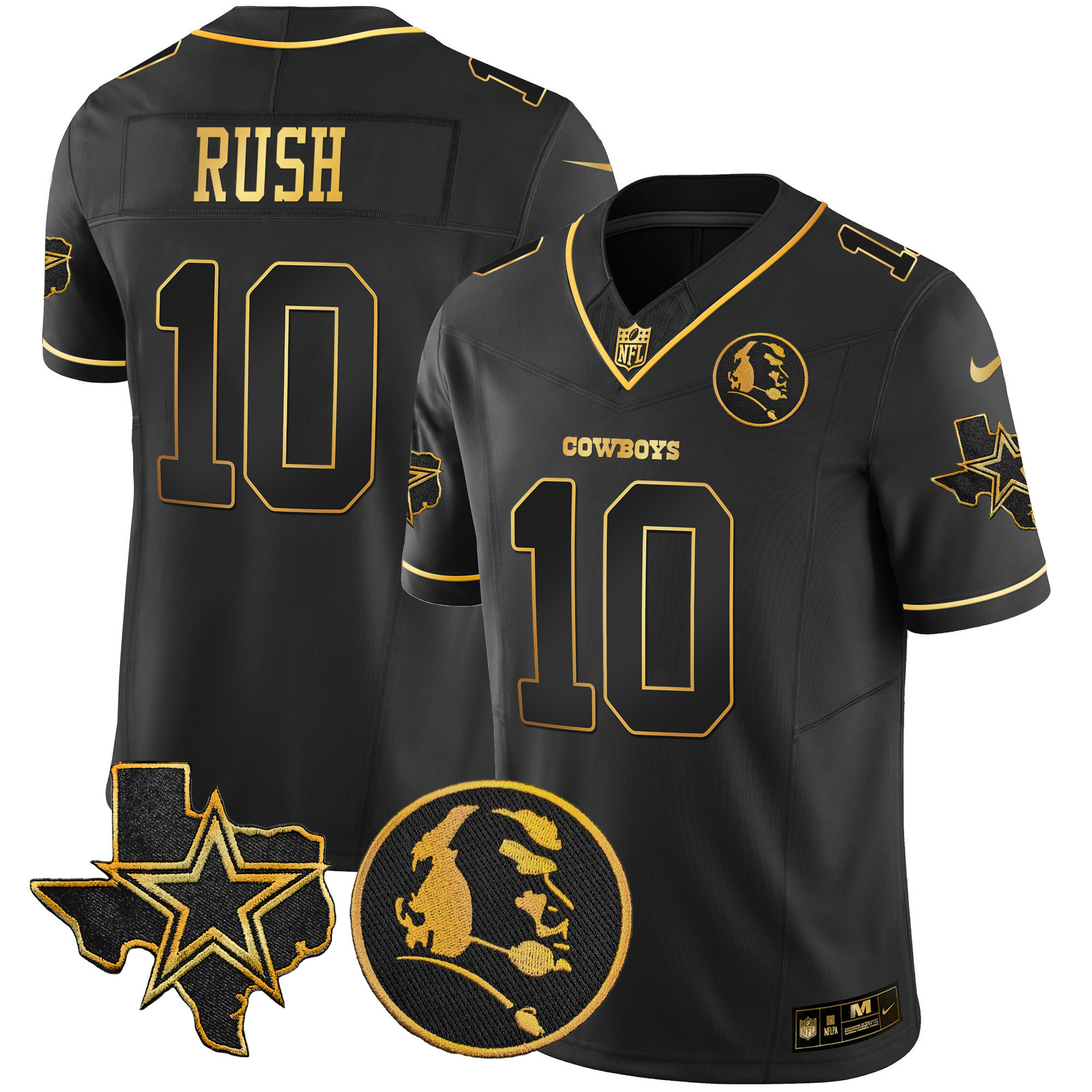 Cooper Rush Men's Dallas Cowboys Texas & John Madden Patch Gold Vapor Black Jersey - All Stitched