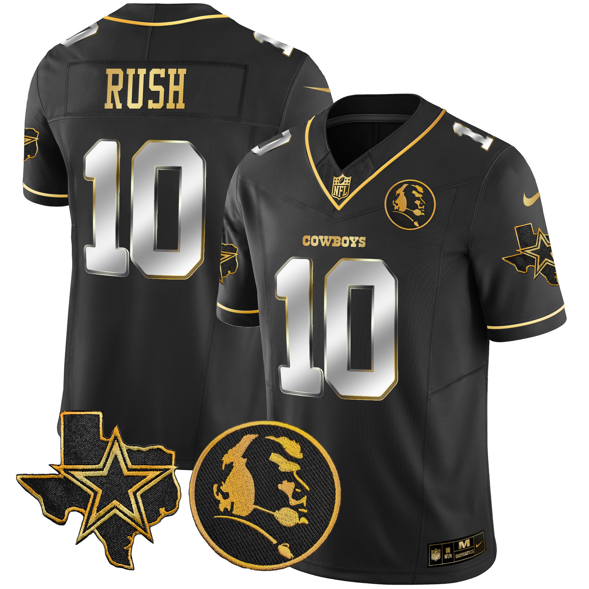 Cooper Rush Men's Dallas Cowboys Texas & John Madden Patch Gold Vapor Black Limited Jersey - All Stitched