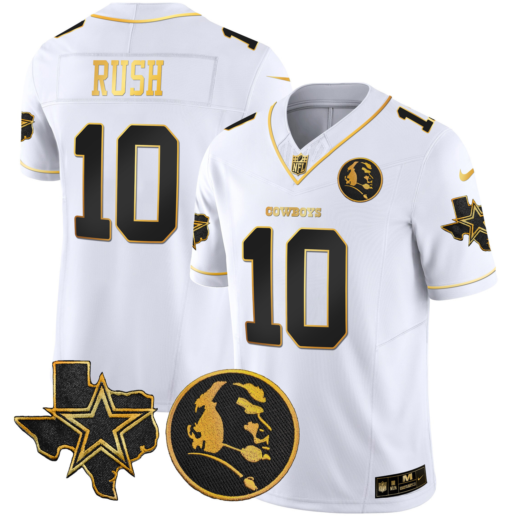 Cooper Rush Men's Dallas Cowboys Texas & John Madden Patch Gold Vapor White Jersey - All Stitched