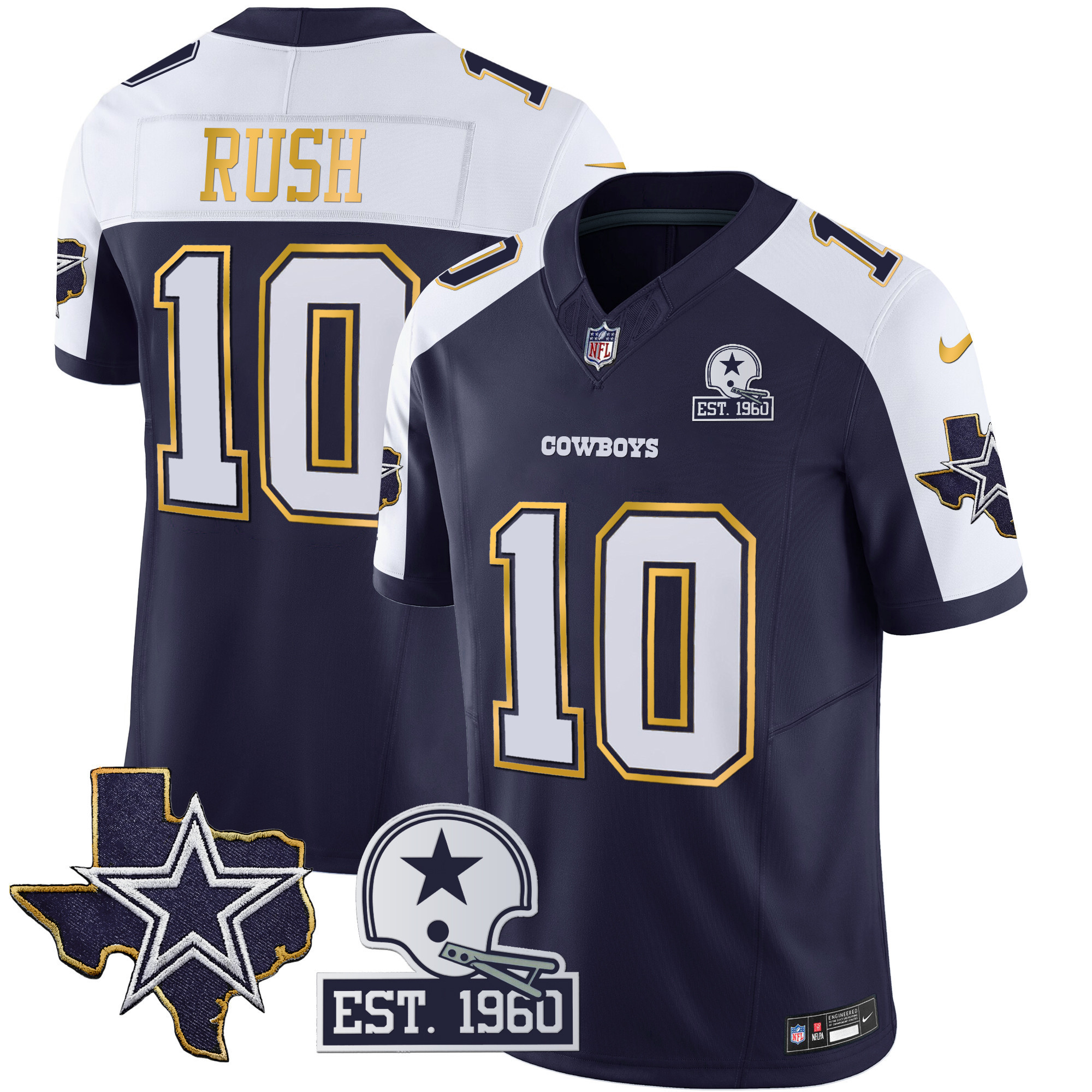 Cooper Rush Men's Dallas Cowboys Texas Patch Gold Trim Vapor Navy Alternate Jersey - All Stitched