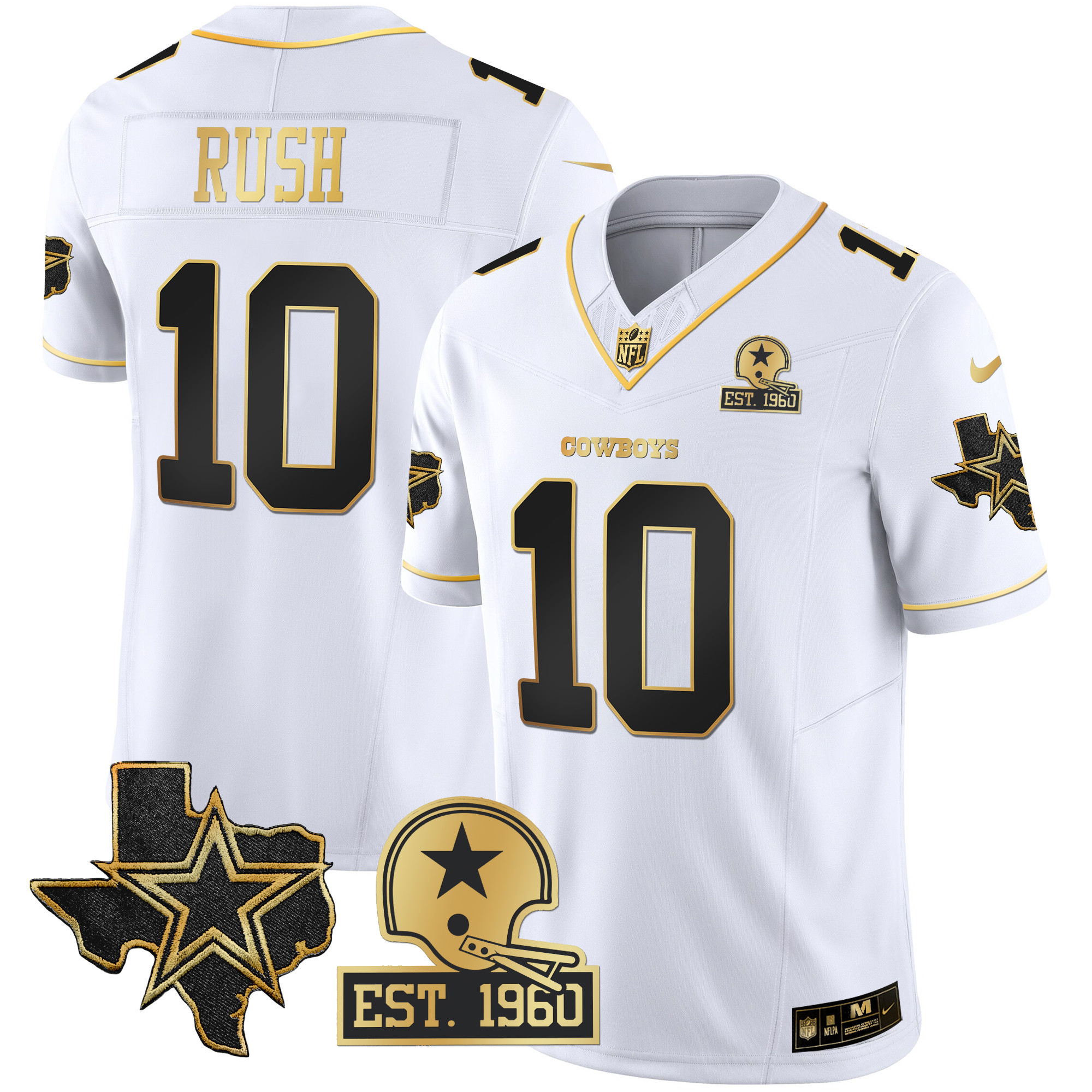 Cooper Rush Men's Dallas Cowboys Texas Patch Gold Vapor White Gold Jersey - All Stitched