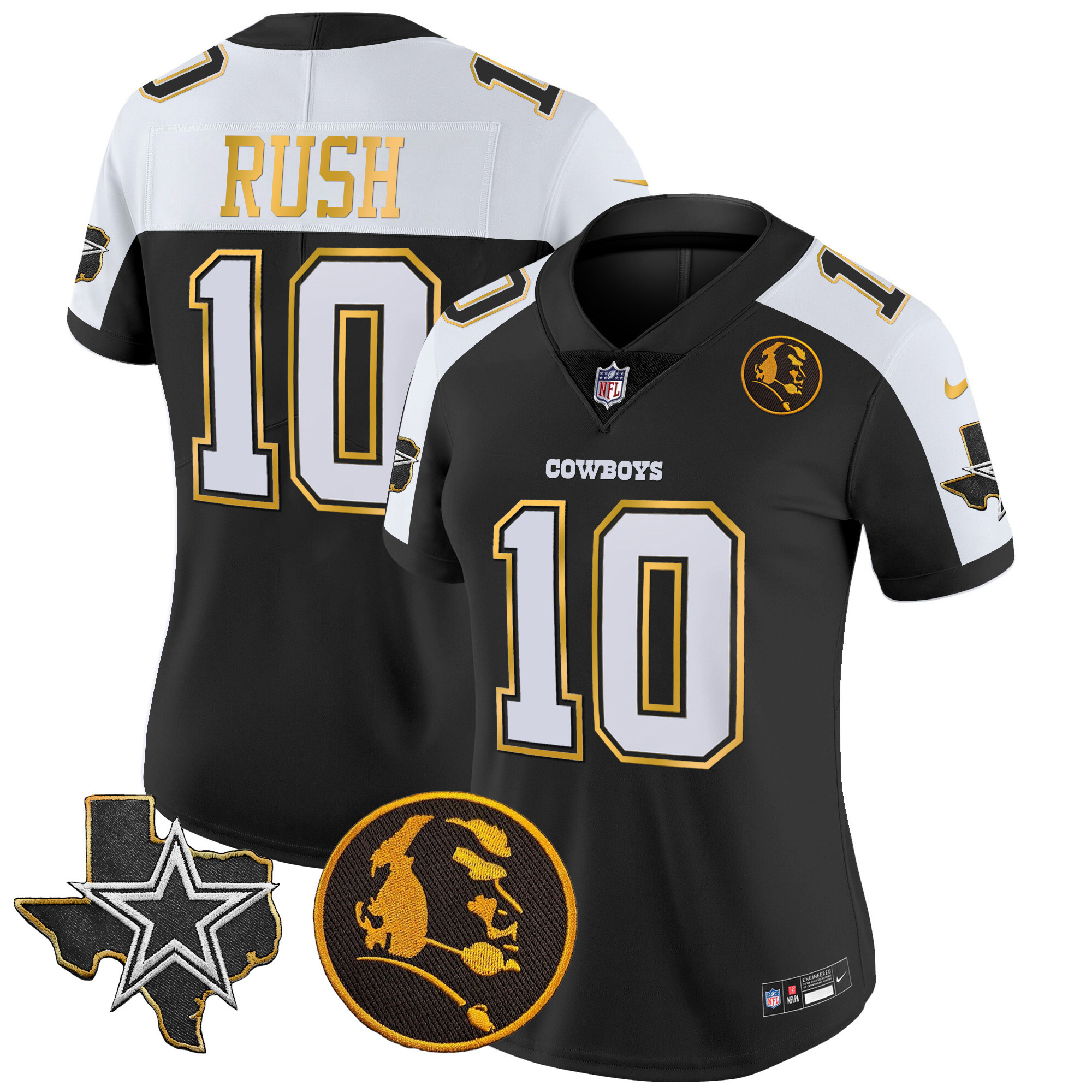 Cooper Rush Women's Dallas Cowboys Texas & John Madden Patch Gold Trim Vapor Black Alternate Jersey - All Stitched