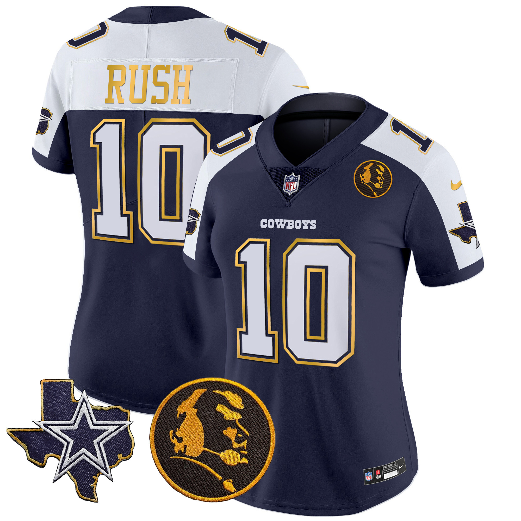 Cooper Rush Women's Dallas Cowboys Texas & John Madden Patch Gold Trim Vapor Navy Alternate Jersey - All Stitched