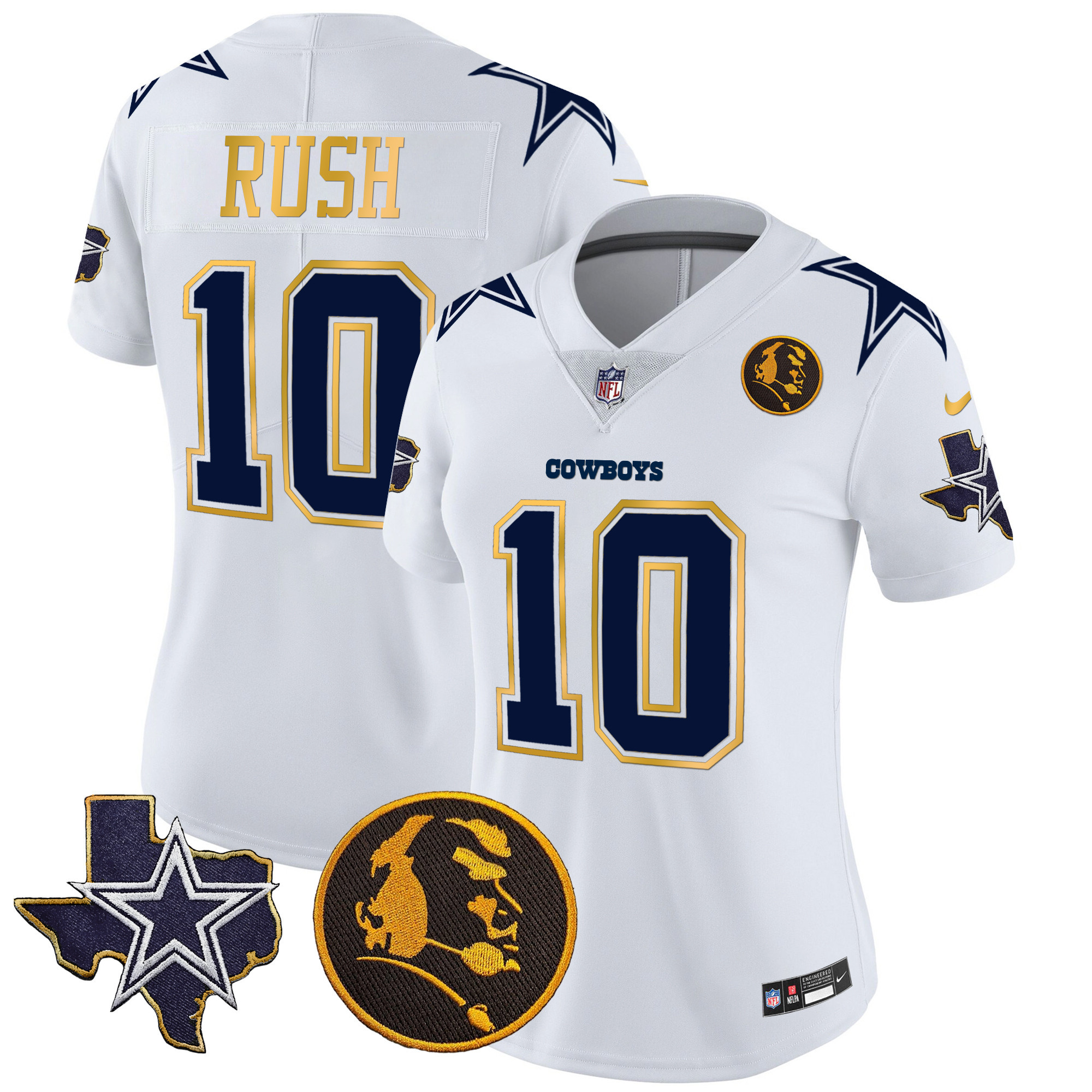Cooper Rush Women's Dallas Cowboys Texas & John Madden Patch Gold Trim Vapor White Jersey - All Stitched