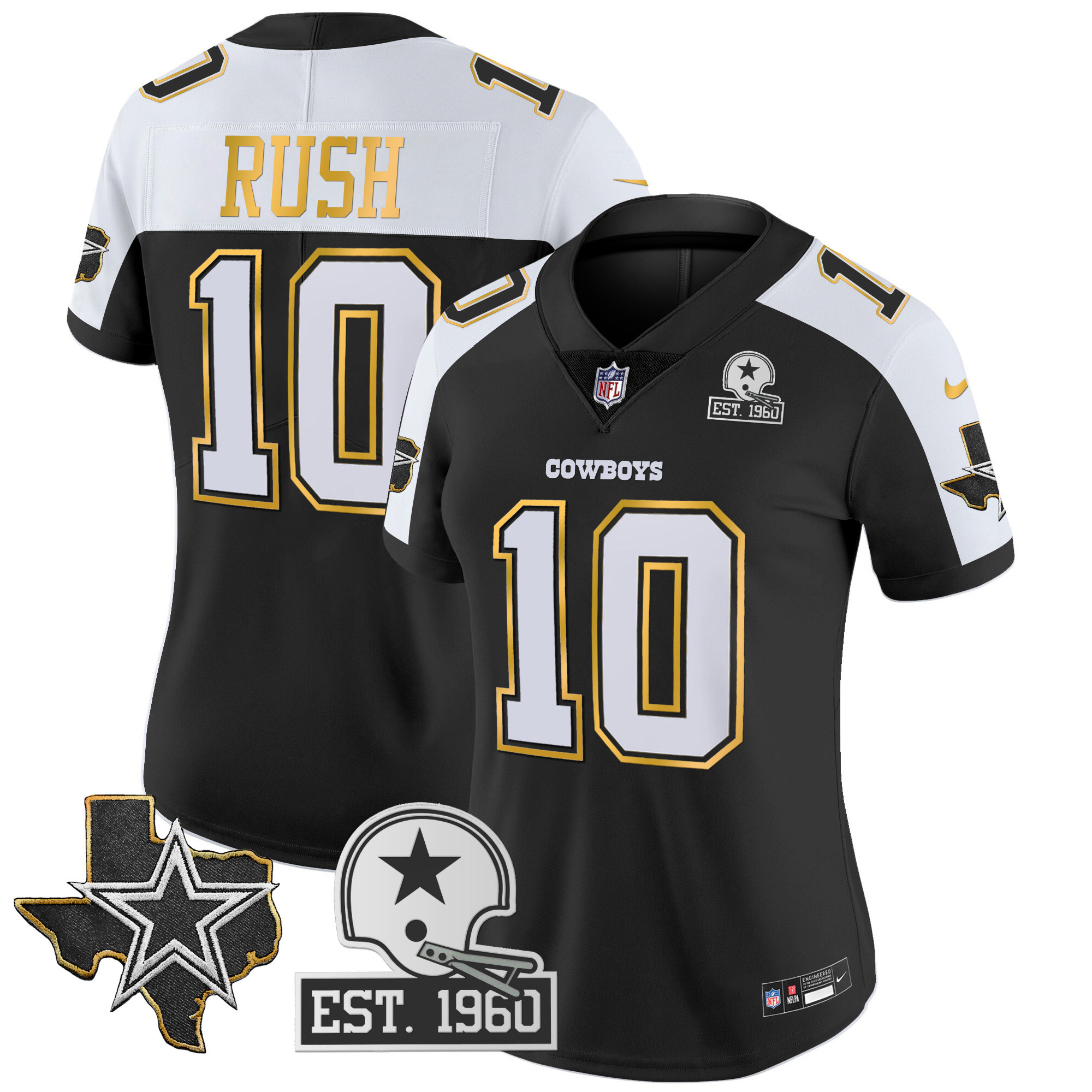 Cooper Rush Women's Dallas Cowboys Texas Patch Gold Trim Vapor Black Alternate Jersey - All Stitched
