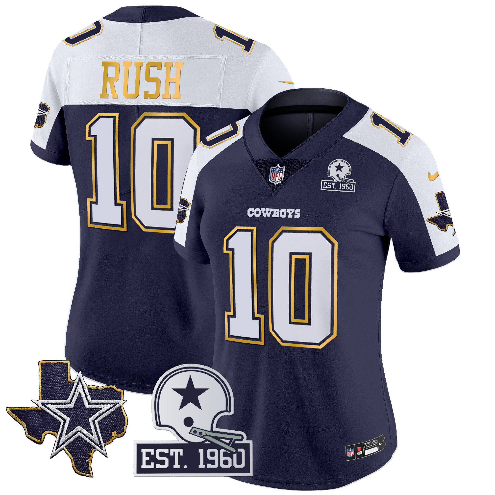 Cooper Rush Women's Dallas Cowboys Texas Patch Gold Trim Vapor Navy Alternate Jersey - All Stitched