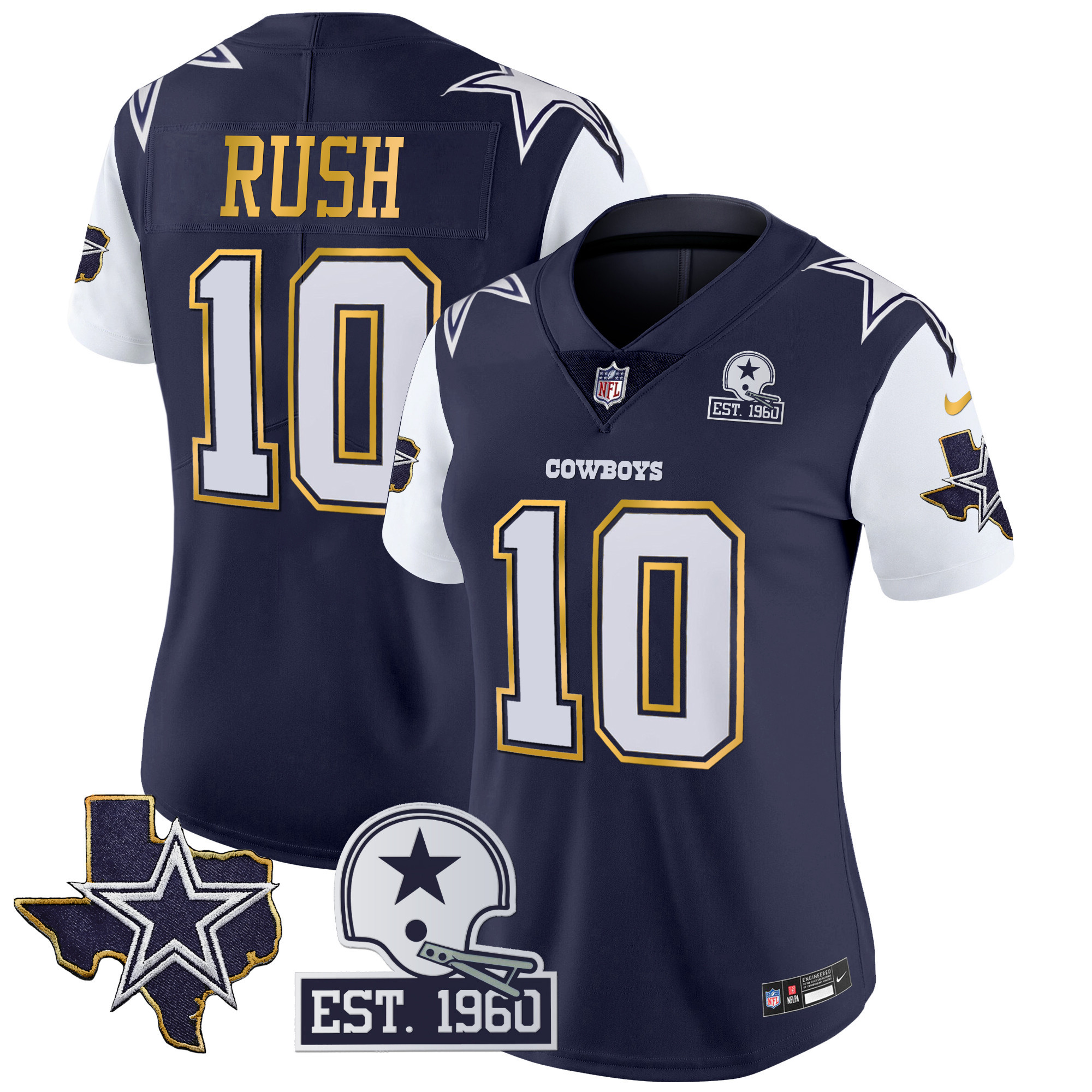 Cooper Rush Women's Dallas Cowboys Texas Patch Gold Trim Vapor Navy Jersey - All Stitched