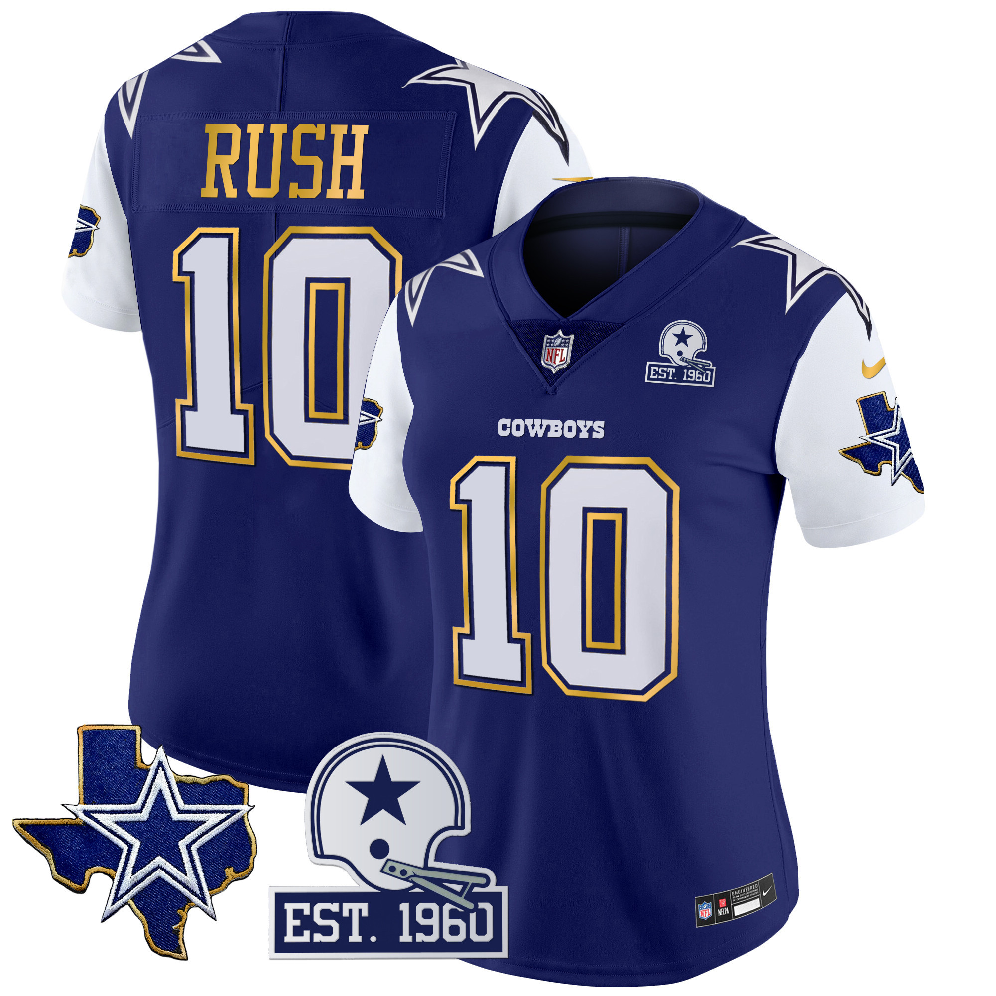 Cooper Rush Women's Dallas Cowboys Texas Patch Gold Trim Vapor Royal Jersey - All Stitched