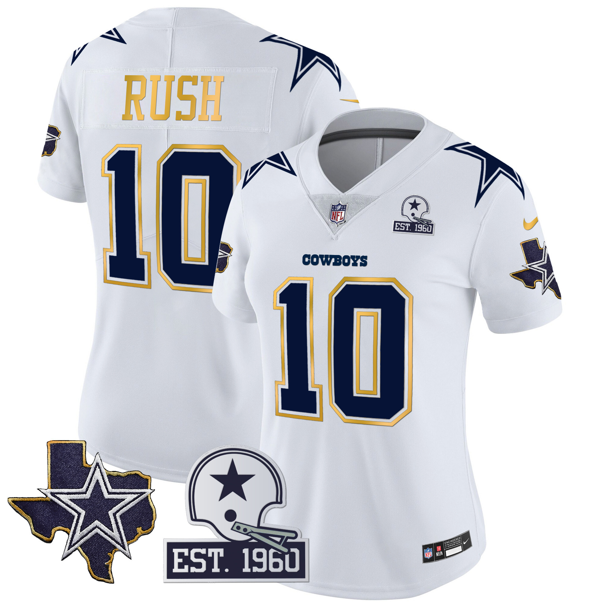 Cooper Rush Women's Dallas Cowboys Texas Patch Gold Trim Vapor White Jersey - All Stitched