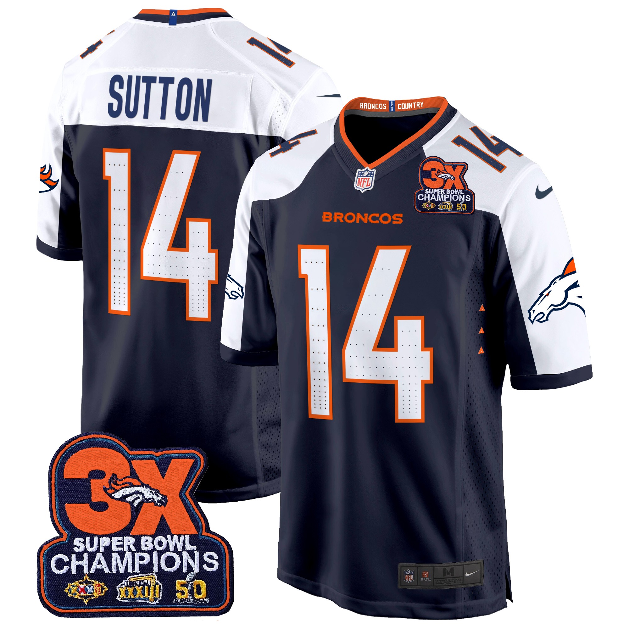 Courtland Sutton Men's Denver Broncos 3-Time Champions Patch Game Jersey - Al Stitched Navy Alternate Jersey - All Stitched