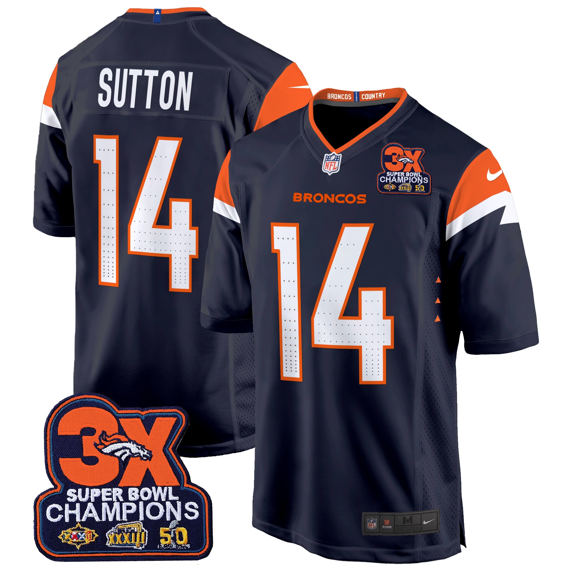Courtland Sutton Men's Denver Broncos 3-Time Champions Patch Game Jersey - Al Stitched Navy Jersey - All Stitched