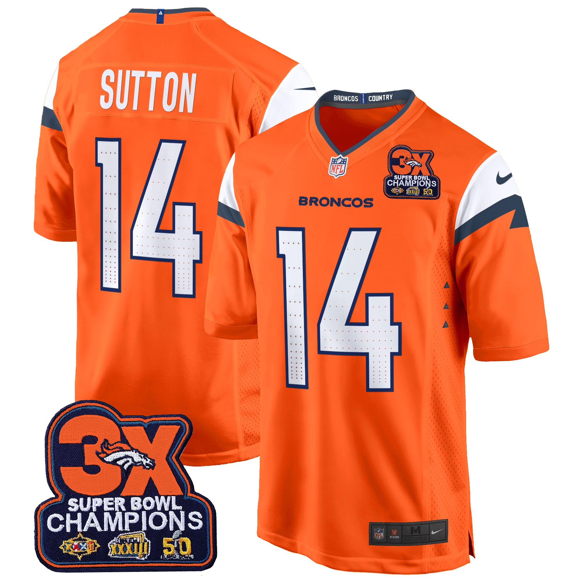 Courtland Sutton Men's Denver Broncos 3-Time Champions Patch Game Jersey - Al Stitched Orange Jersey - All Stitched