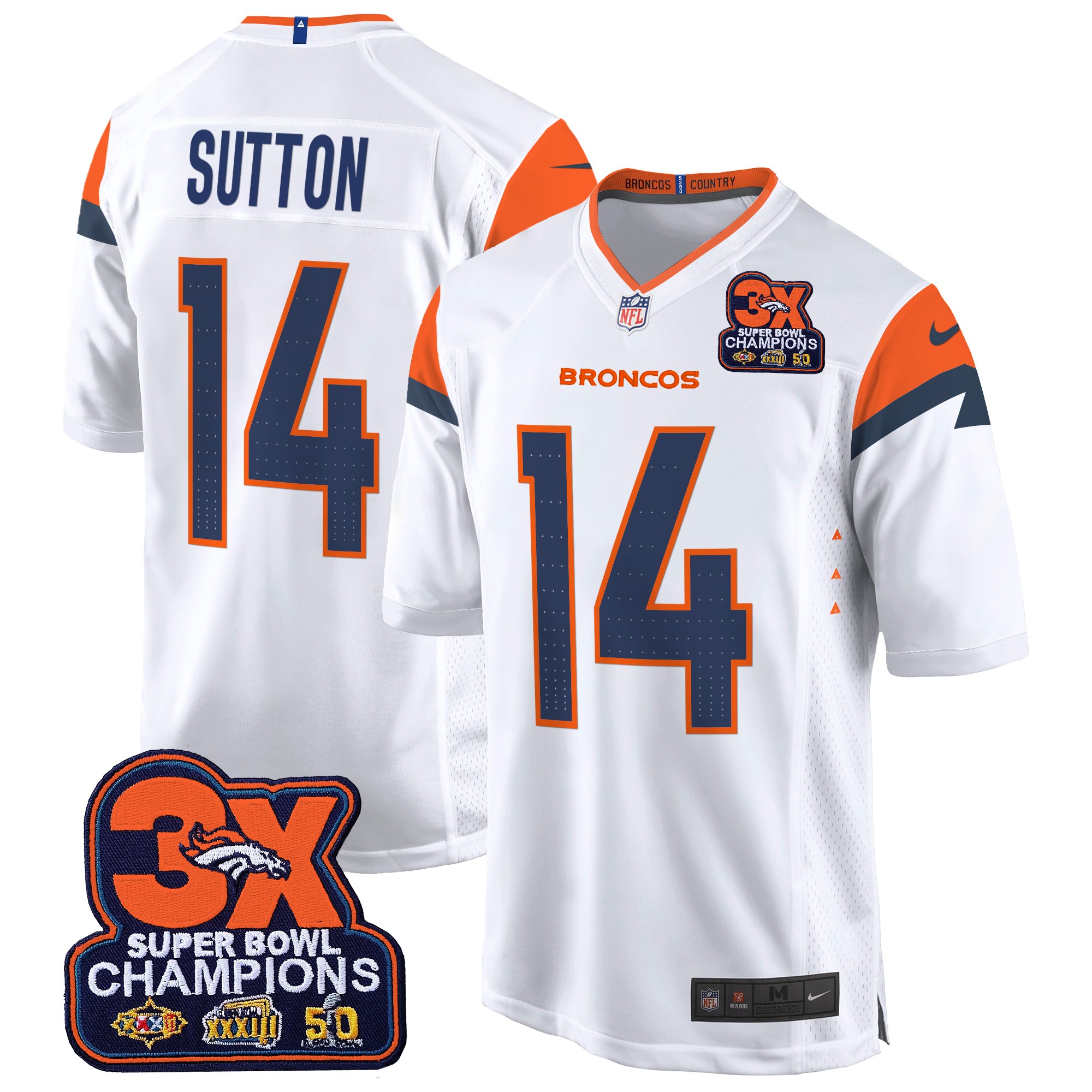 Courtland Sutton Men's Denver Broncos 3-Time Champions Patch Game Jersey - Al Stitched White Jersey - All Stitched