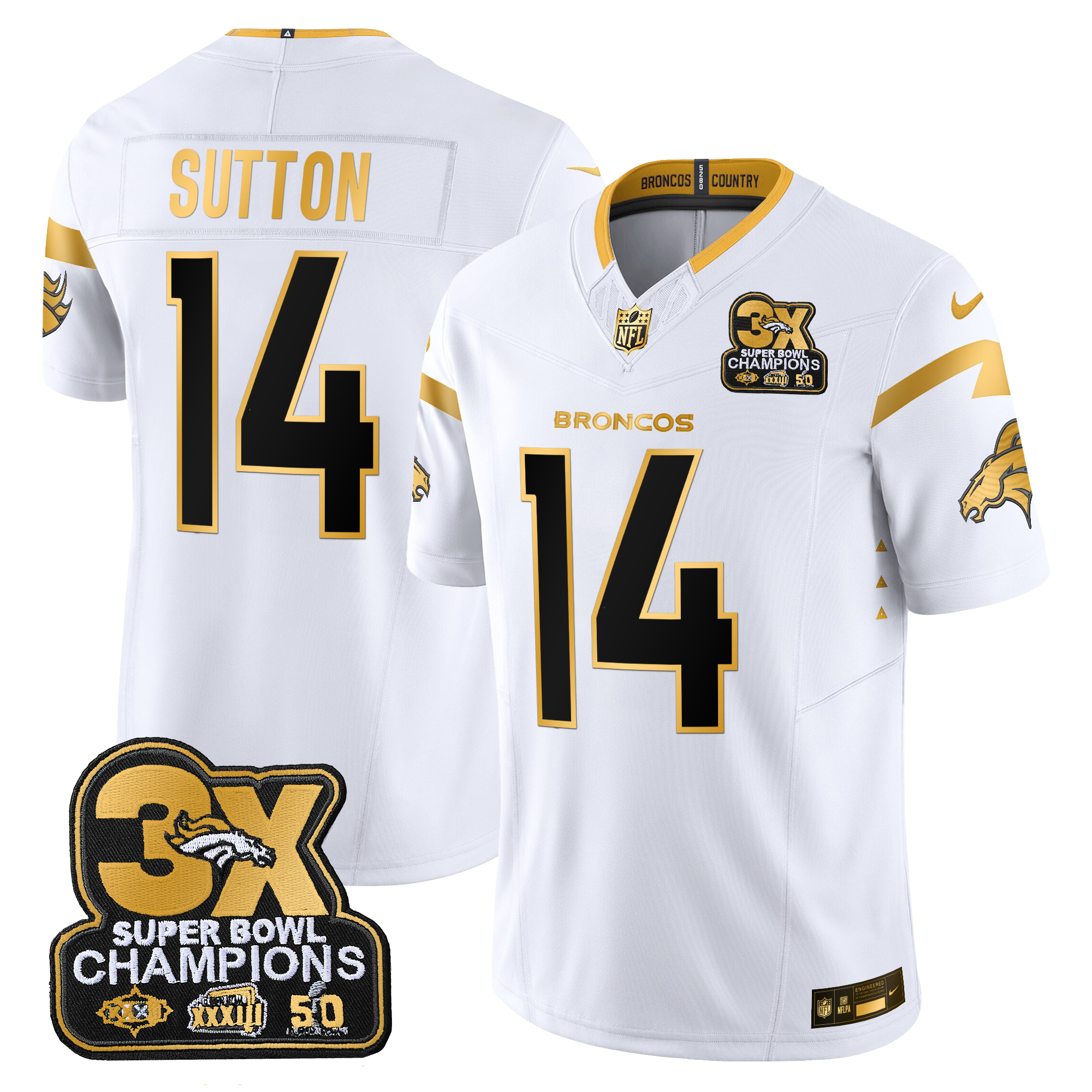 Courtland Sutton Men's Denver Broncos 3-Time Champions Patch Gold Vapor Limited White Gold Jersey - All Stitched