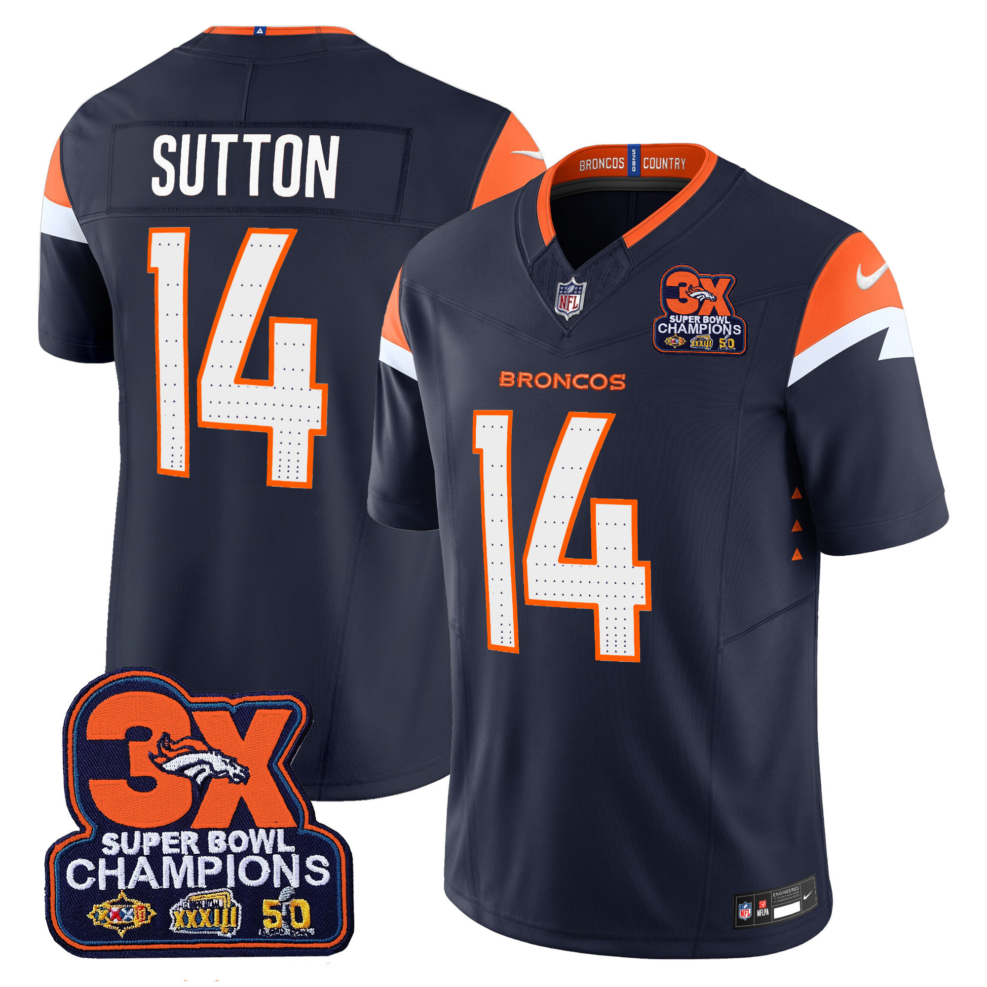 Courtland Sutton Men's Denver Broncos 3-Time Champions Patch Vapor Limited Navy Jersey - All Stitched