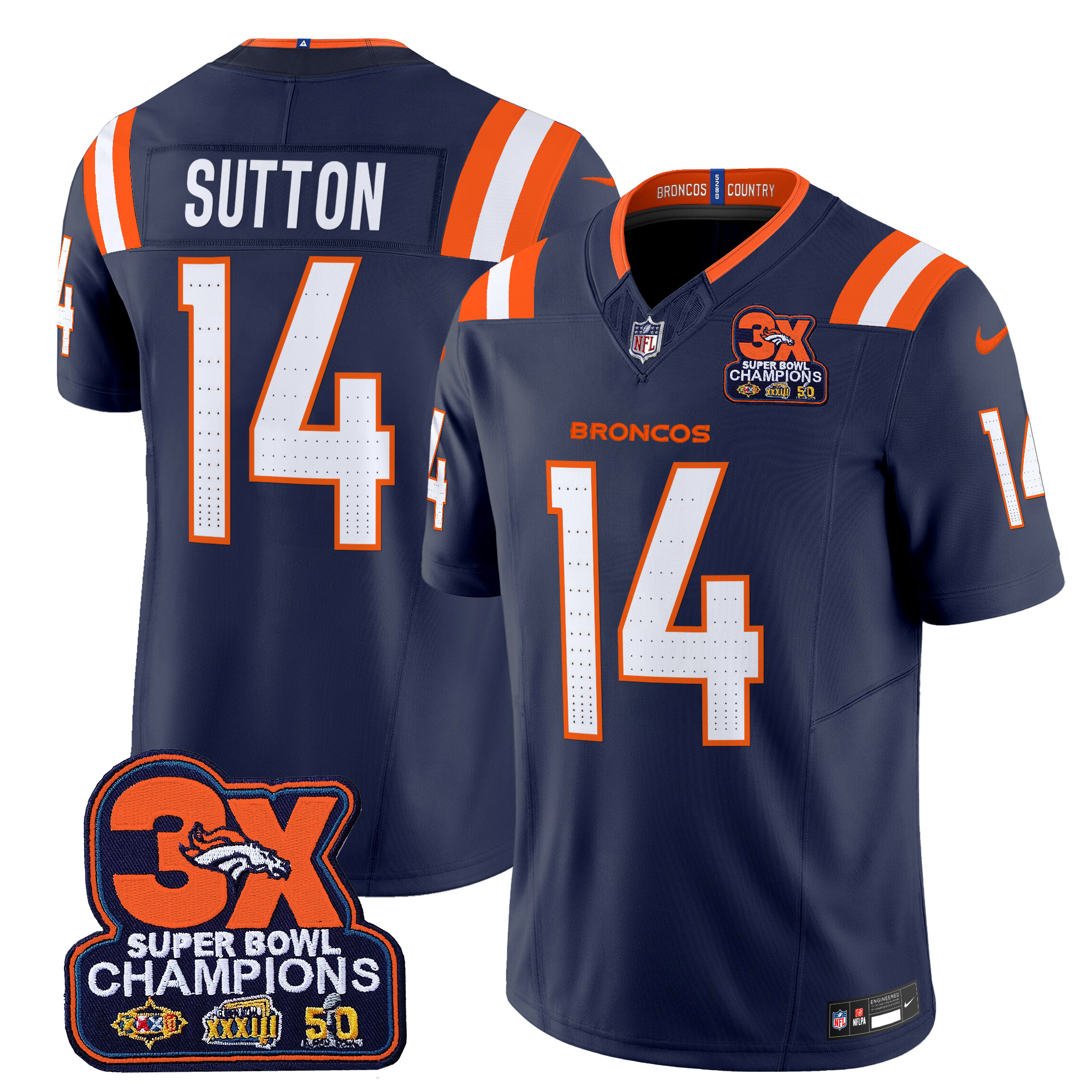 Courtland Sutton Men's Denver Broncos 3-Time Champions Patch Vapor Limited Navy Jersey - All Stitched