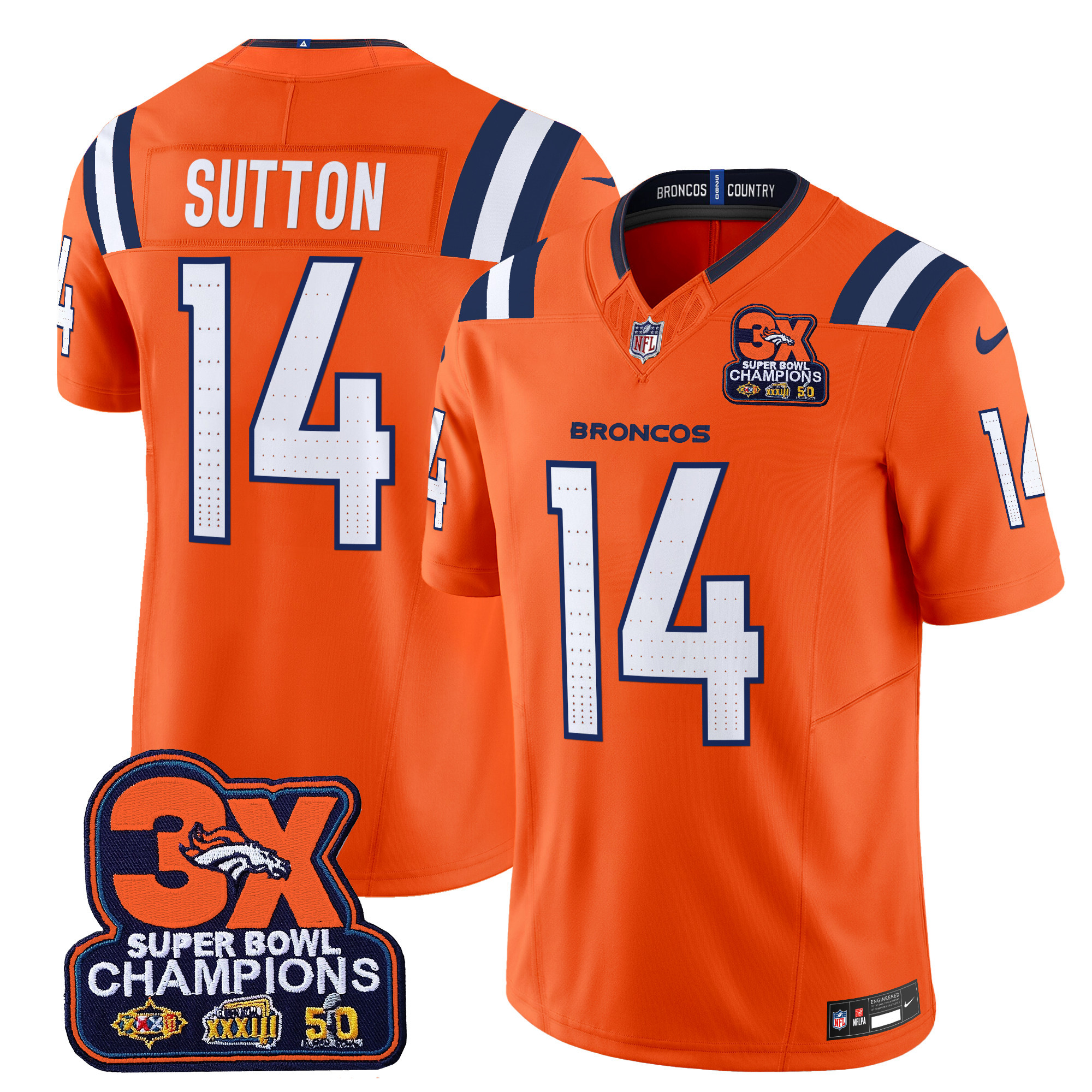 Courtland Sutton Men's Denver Broncos 3-Time Champions Patch Vapor Limited Orange Jersey - All Stitched