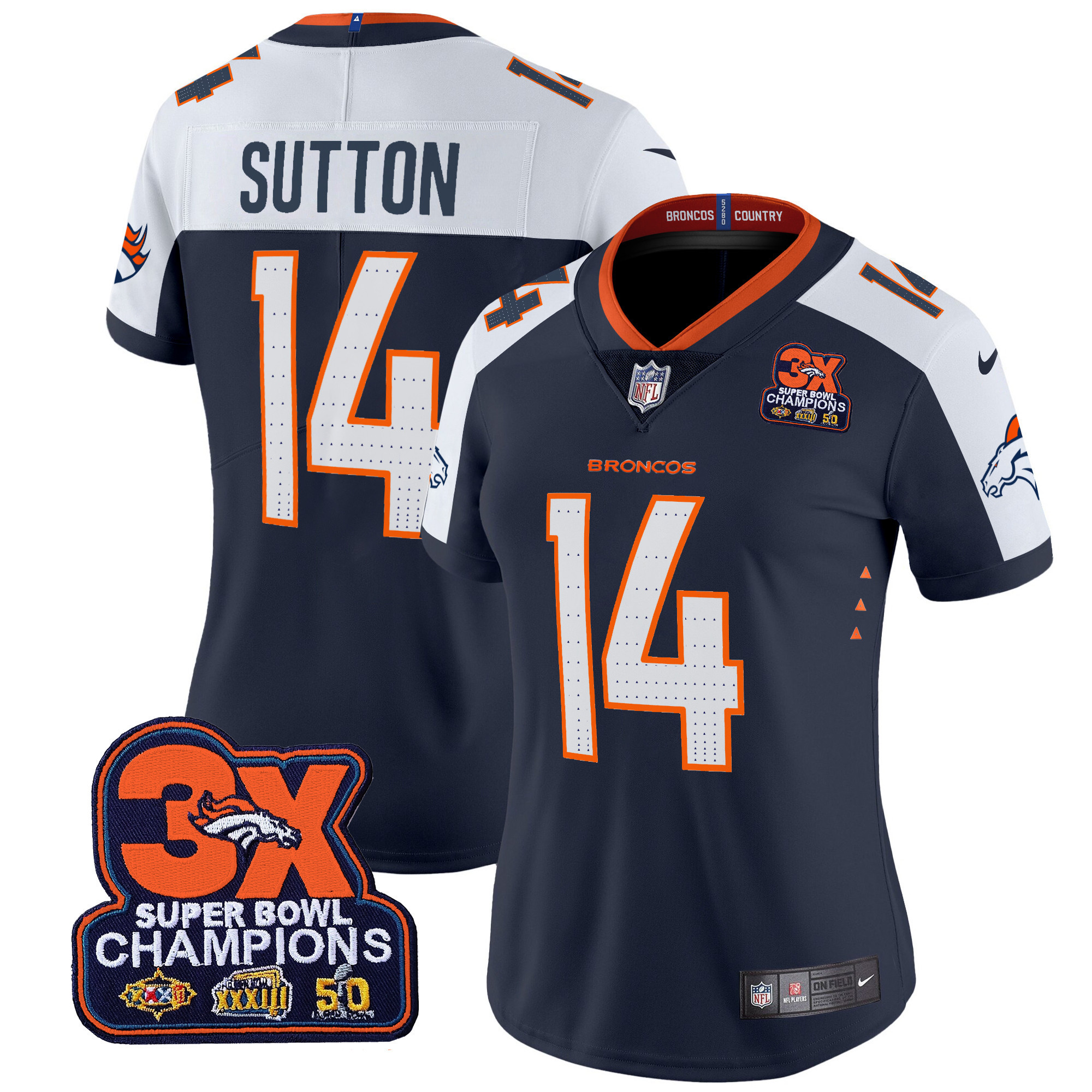 Courtland Sutton Women's Denver Broncos 3-Time Champions Patch Vapor Limited Navy Alternate Jersey - All Stitched