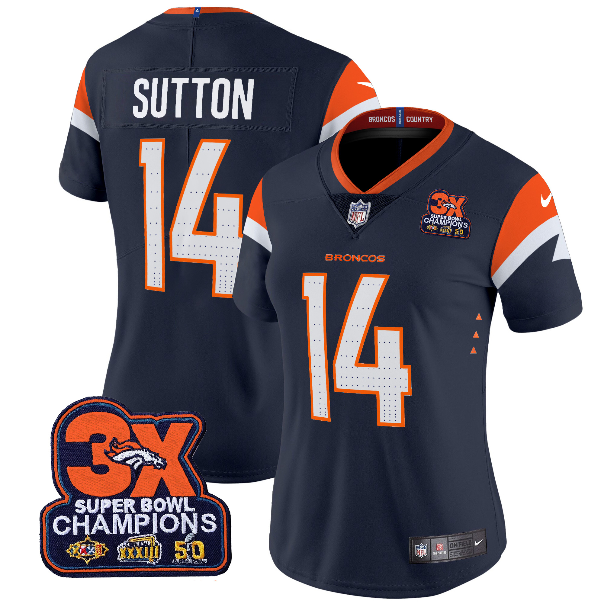 Courtland Sutton Women's Denver Broncos 3-Time Champions Patch Vapor Limited Navy Jersey - All Stitched