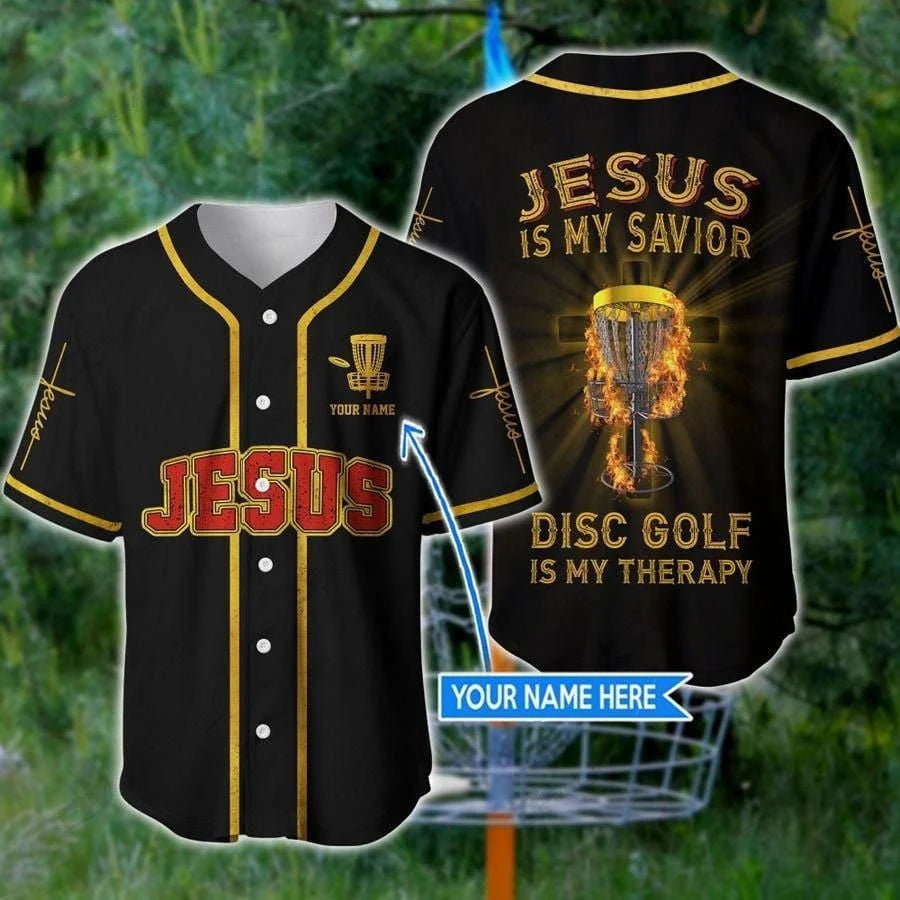 Cross Flame Baseball Jersey - Jesus Disc Golf Is My Therapy Custom Baseball Jersey