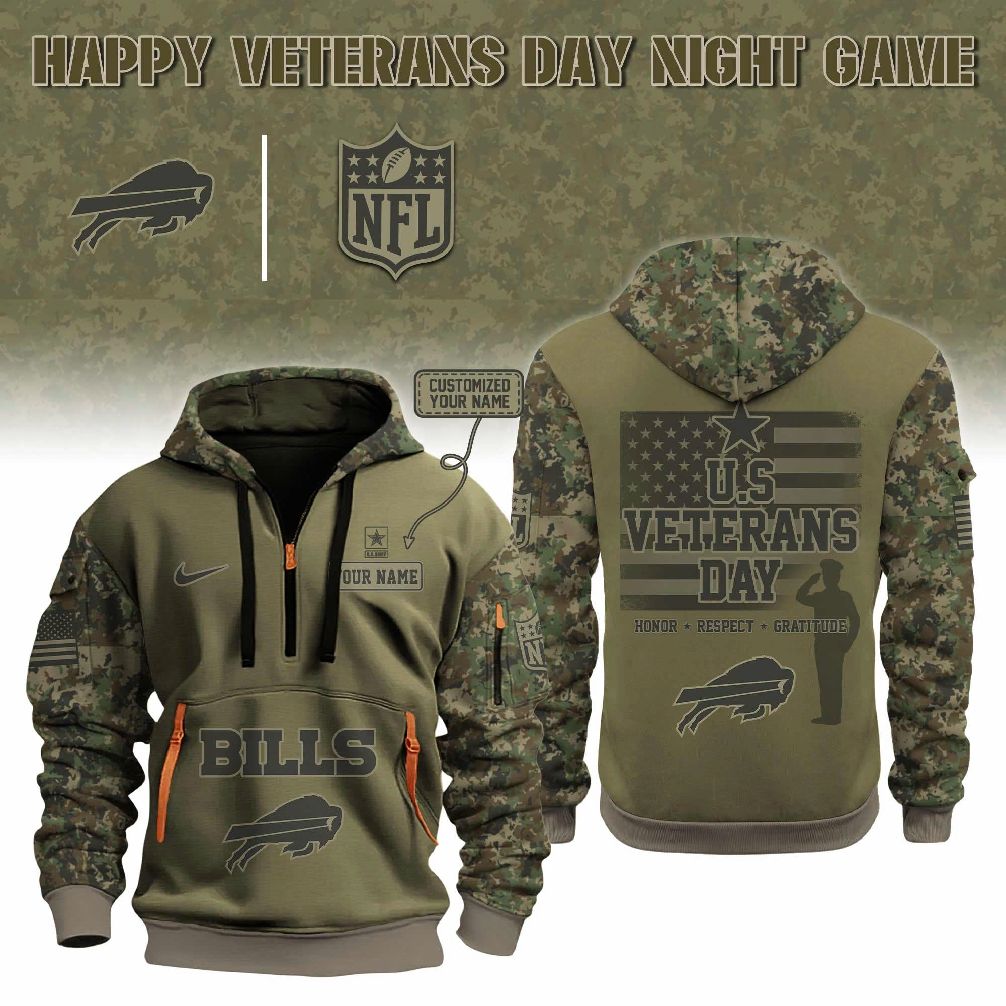 Custom Buffalo Bills NFL x Happy Veterans Day Night Game 2025 Limited Quarter Zip Hoodie