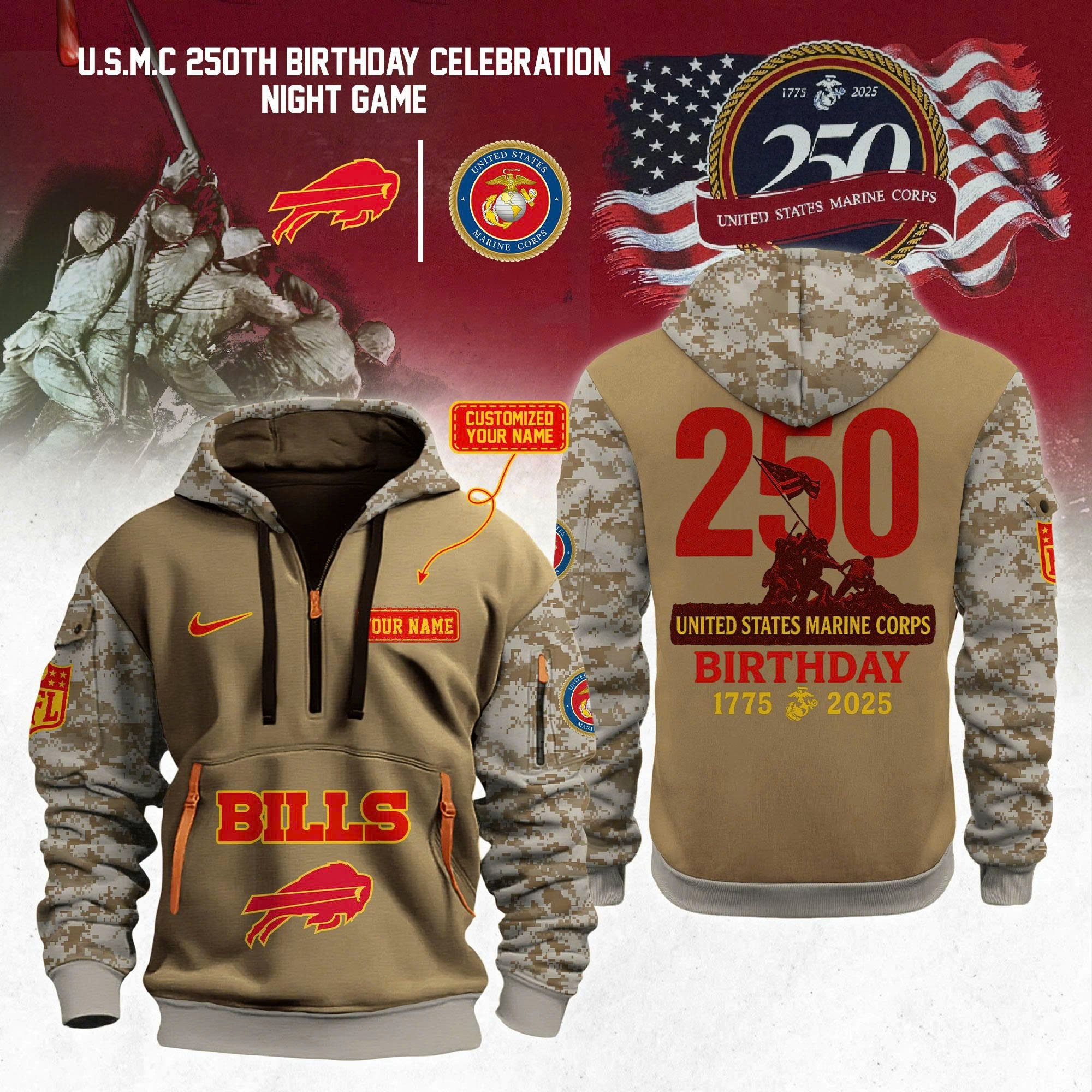 Custom Buffalo Bills NFL x U.S.M.C 250th Anniversary 2025 Limited Quarter Zip Hoodie
