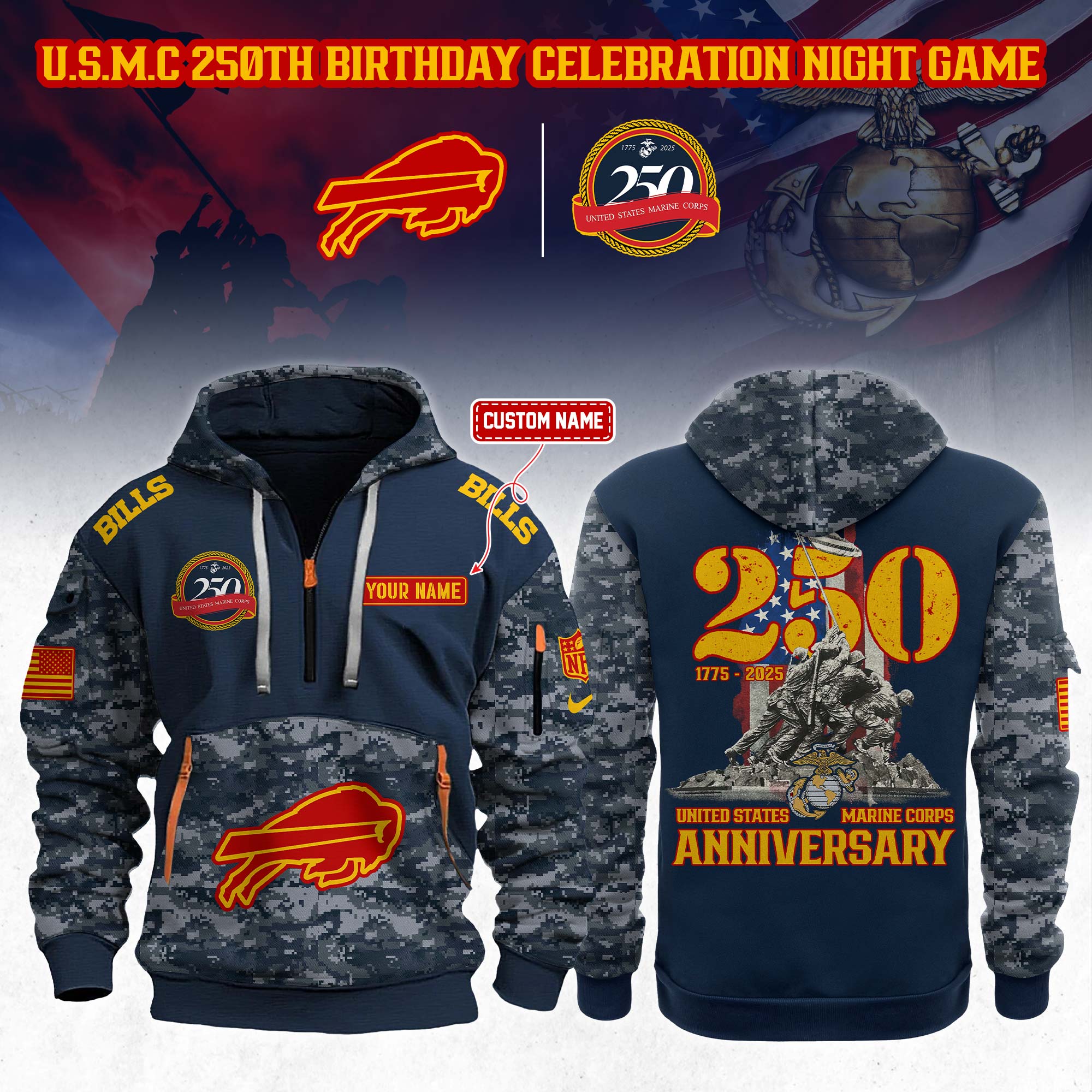 Custom Buffalo Bills NFL x U.S.M.C 250th Anniversary Limited Editions 2025 Quarter Zip Hoodie