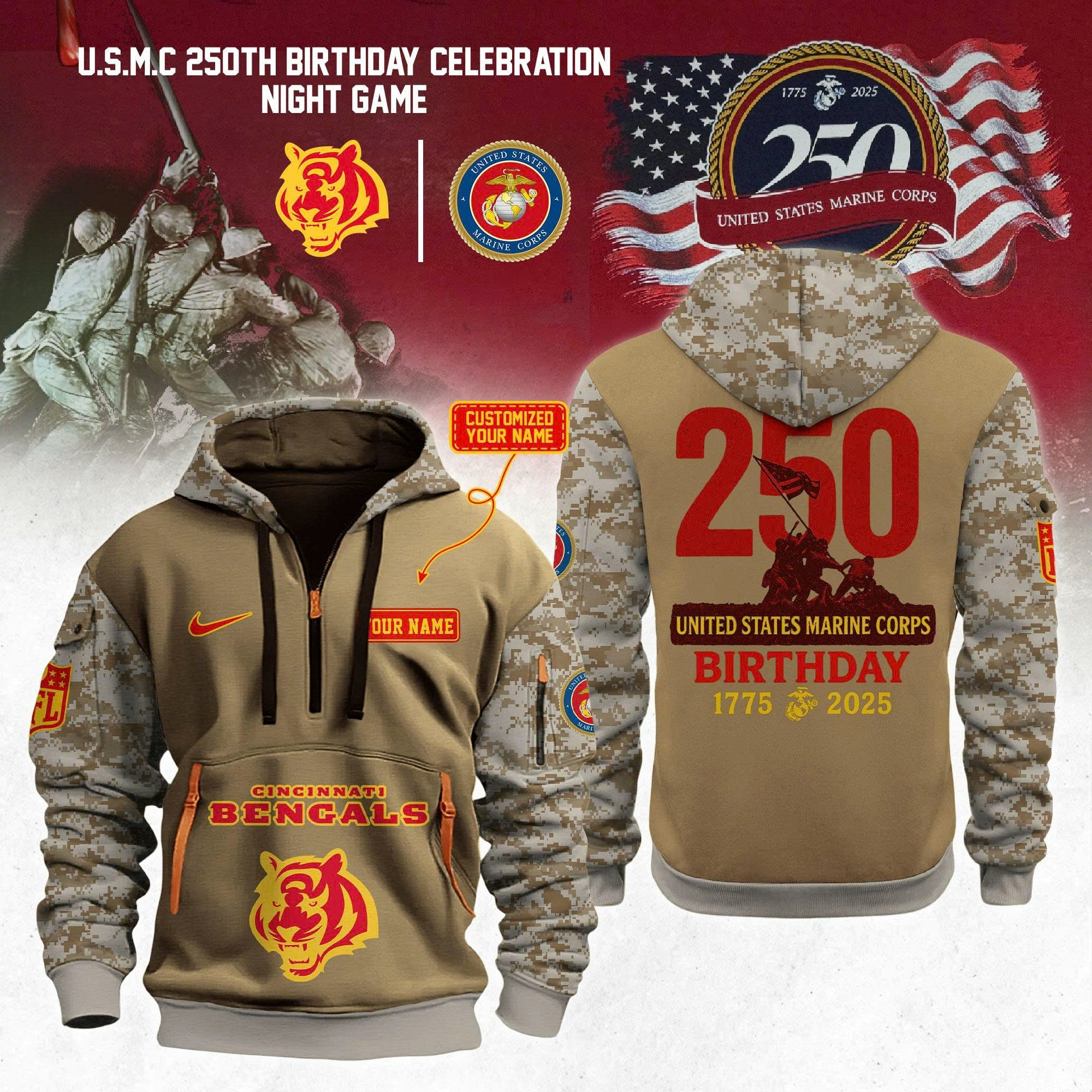Custom Cincinnati Bengals NFL x U.S.M.C 250th Anniversary 2025 Limited Quarter Zip Hoodie