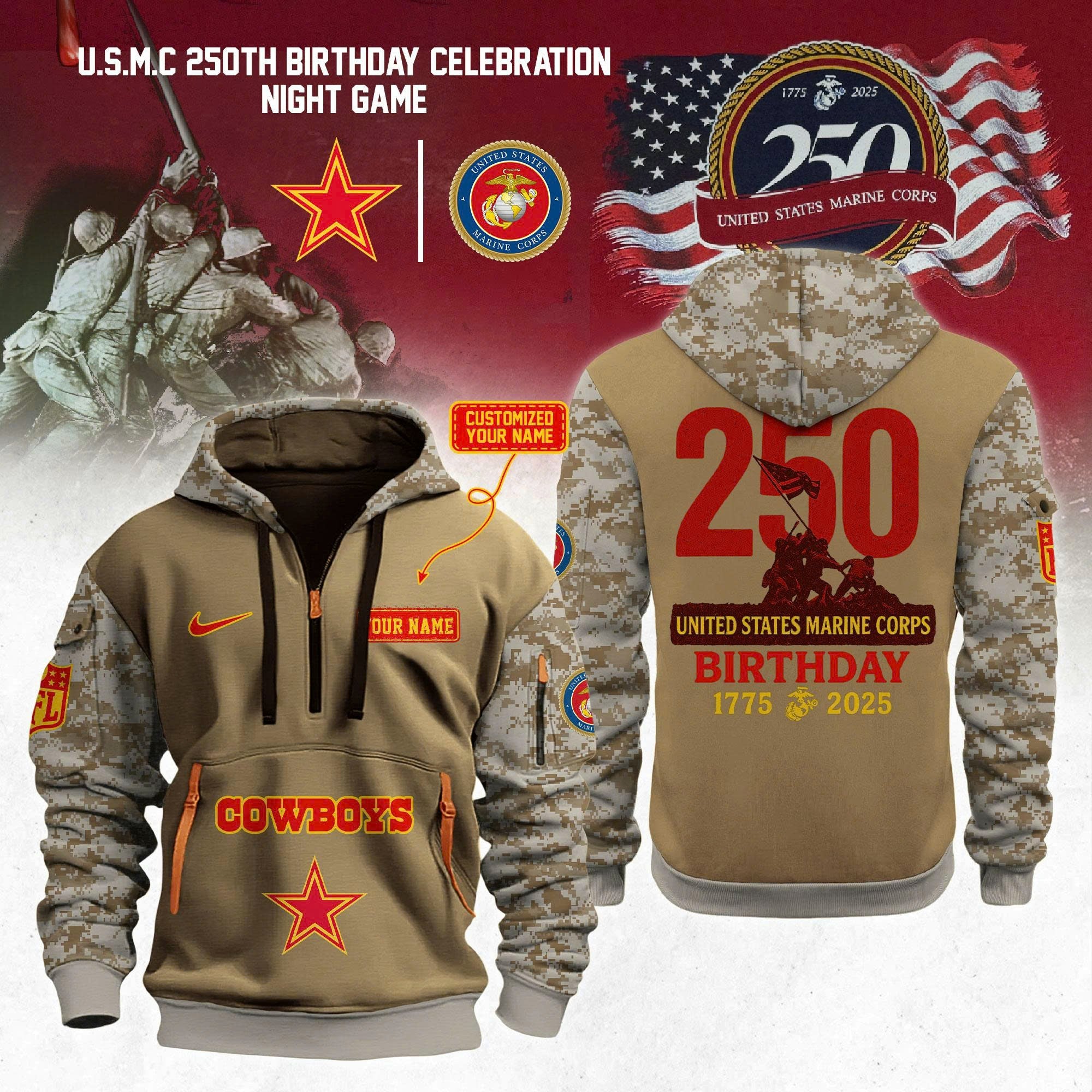 Custom Dallas Cowboys NFL x U.S.M.C 250th Anniversary 2025 Limited Quarter Zip Hoodie