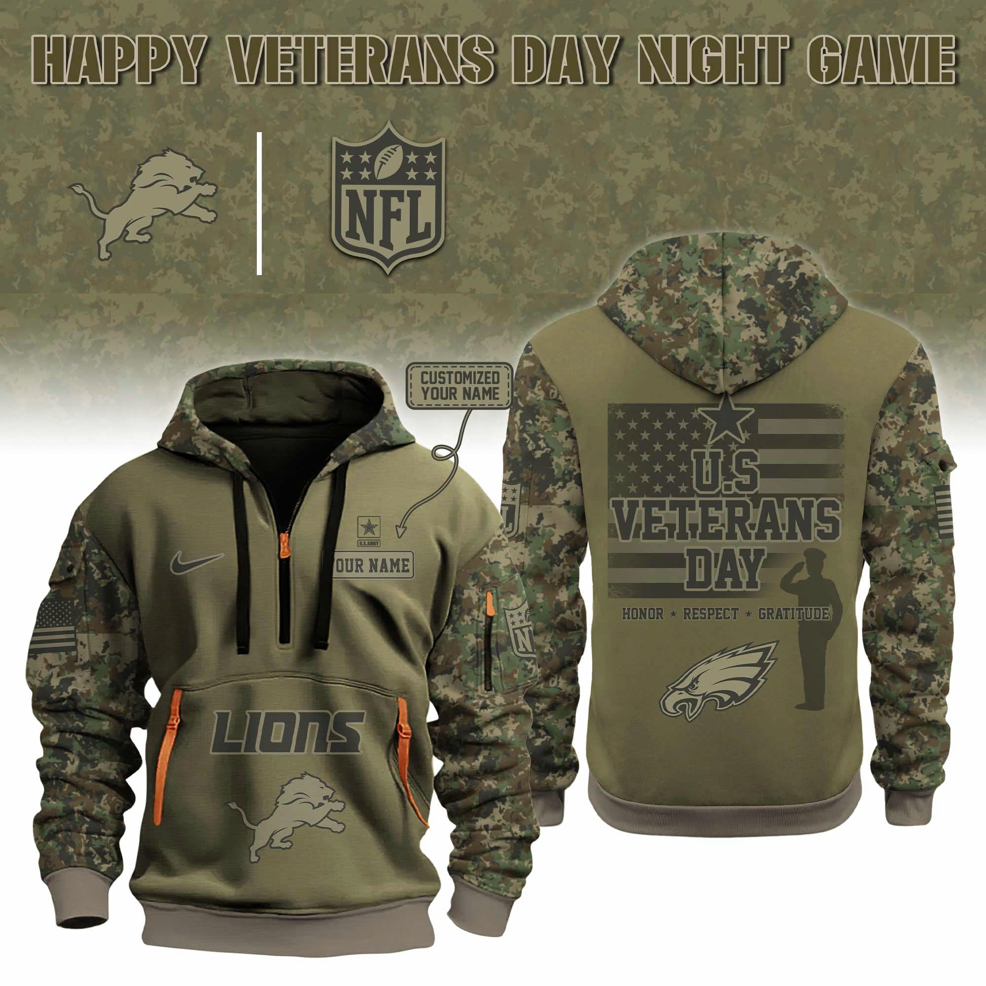 Custom Detroit Lions NFL x Happy Veterans Day Night Game 2025 Limited Quarter Zip Hoodie