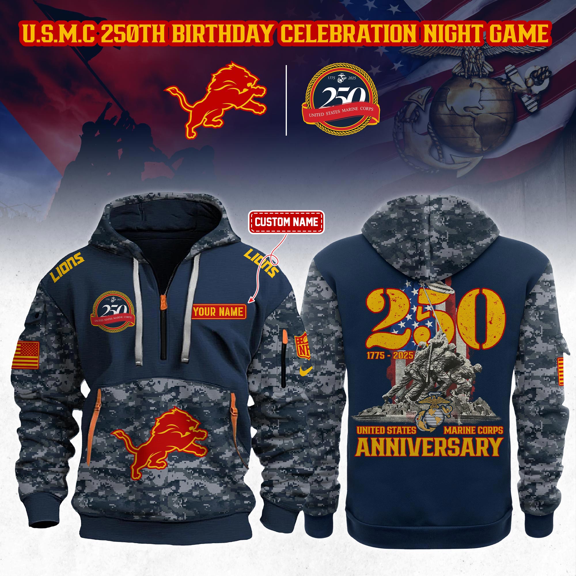 Custom Detroit Lions NFL x U.S.M.C 250th Anniversary Limited Editions 2025 Quarter Zip Hoodie