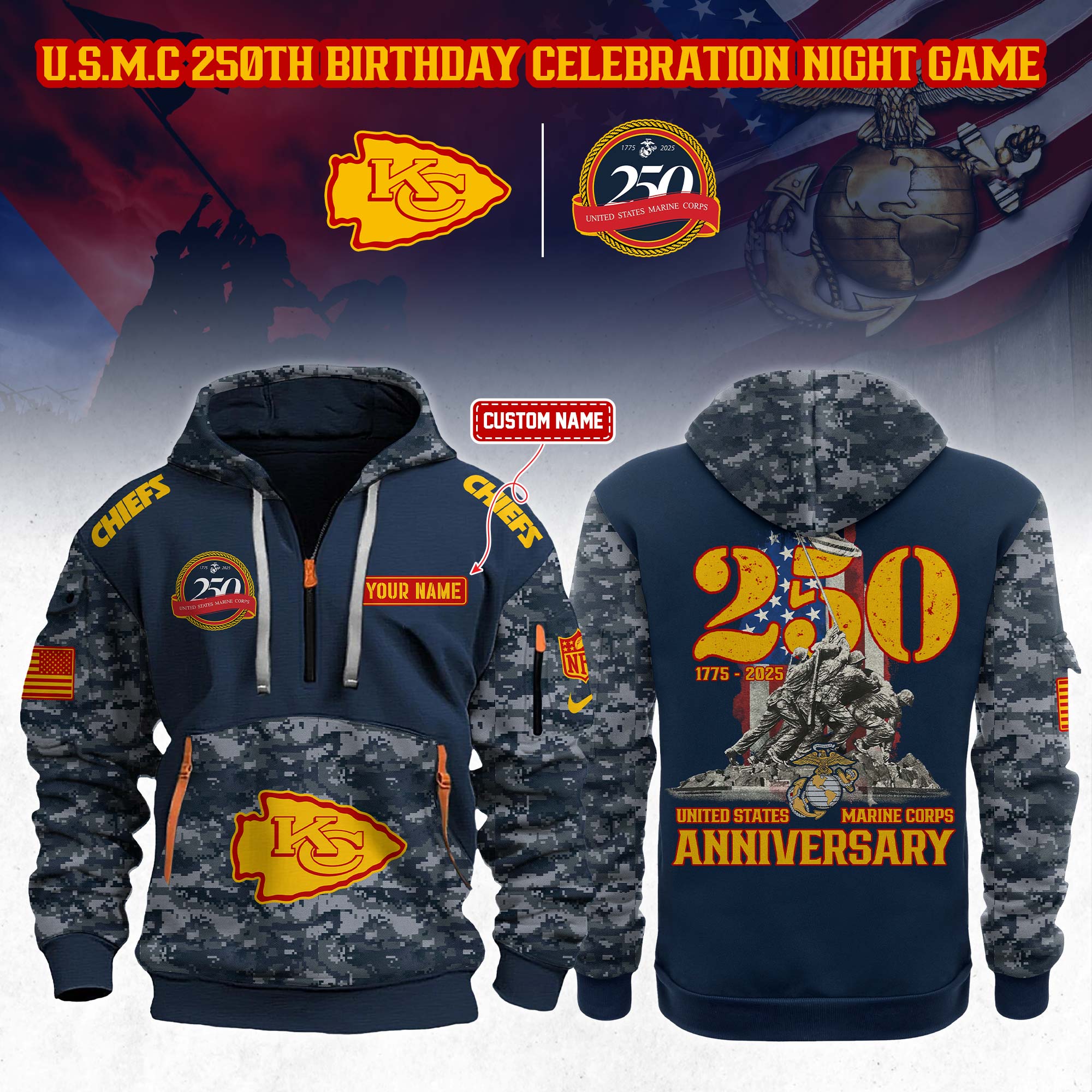 Custom Kansas City Chiefs NFL x U.S.M.C 250th Anniversary Limited Editions 2025 Quarter Zip Hoodie