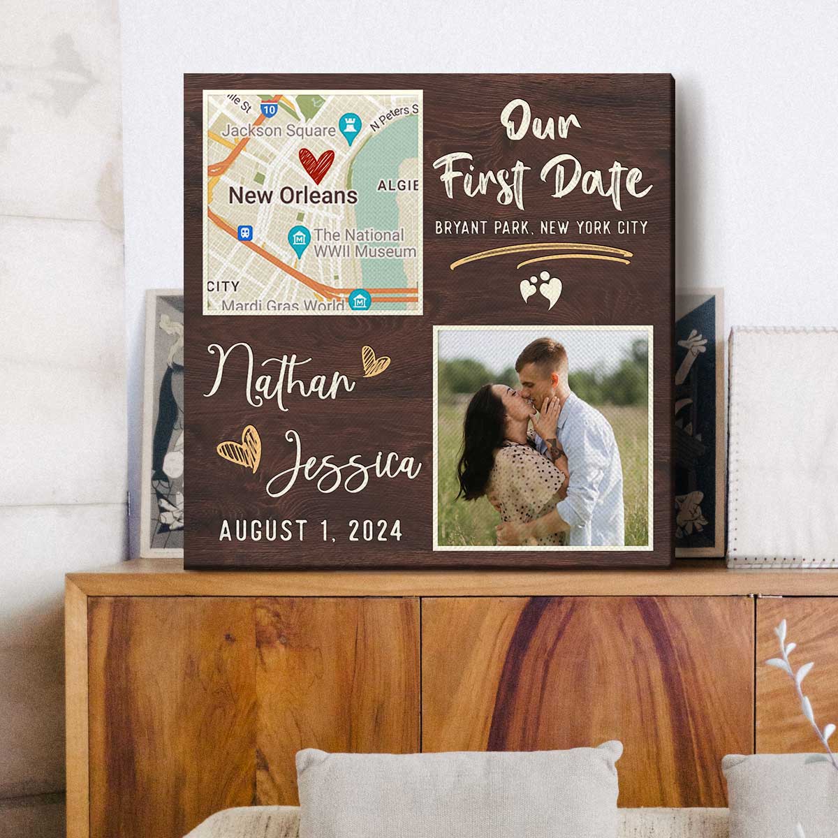 Custom Location Our First Day Canvas Wall Art, Personalized Couple Map, Couple Photo Frames, Anniversary Gift for Her, ValentineÃ¢â‚¬â„¢s Day Gifts