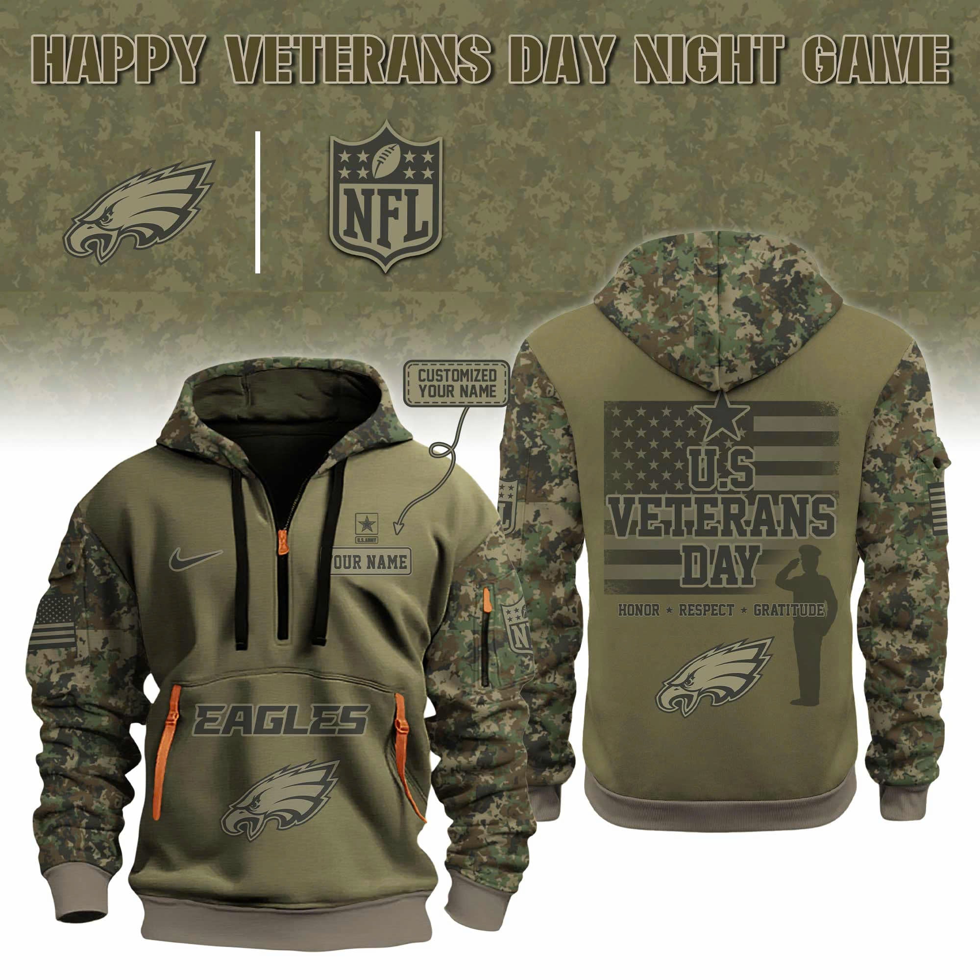 Custom Philadelphia Eagles NFL x Happy Veterans Day Night Game 2025 Limited Quarter Zip Hoodie