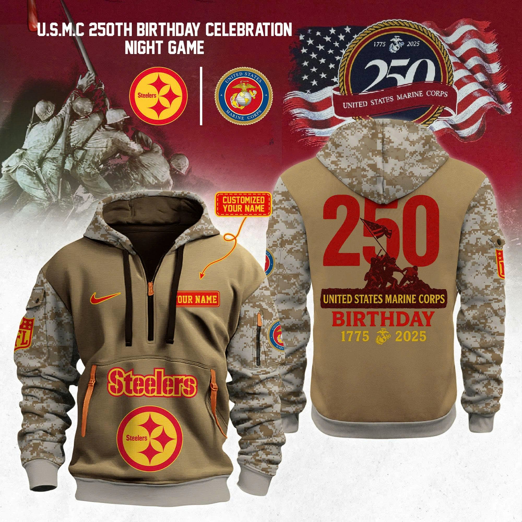 Custom Pittsburgh Steelers NFL x U.S.M.C 250th Anniversary 2025 Limited Quarter Zip Hoodie