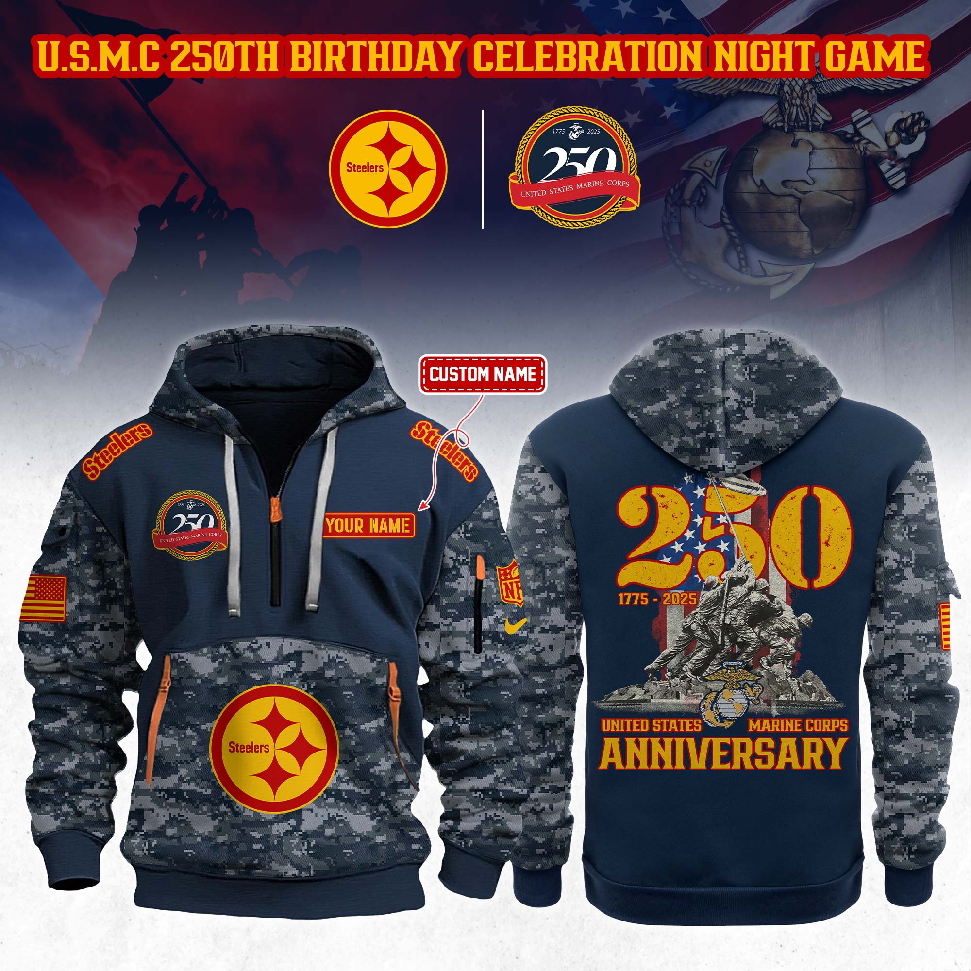Custom Pittsburgh Steelers NFL x U.S.M.C 250th Anniversary Limited Editions 2025 Quarter Zip Hoodie