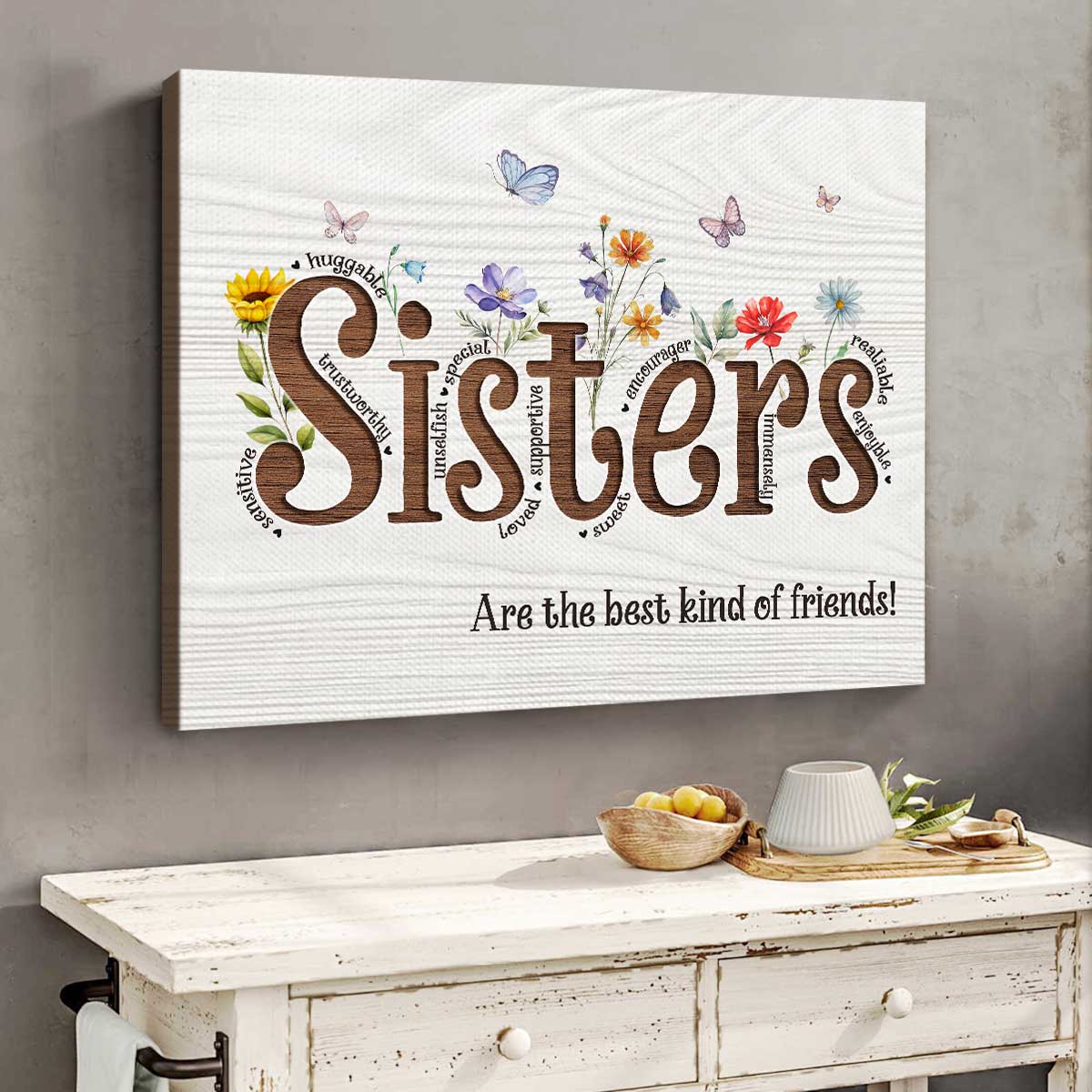 Custom Sisters Floral Canvas Print, Christmas Gifts For Sister From Sister, Personalized Gifts For Sister, Birthday Gifts For Sister