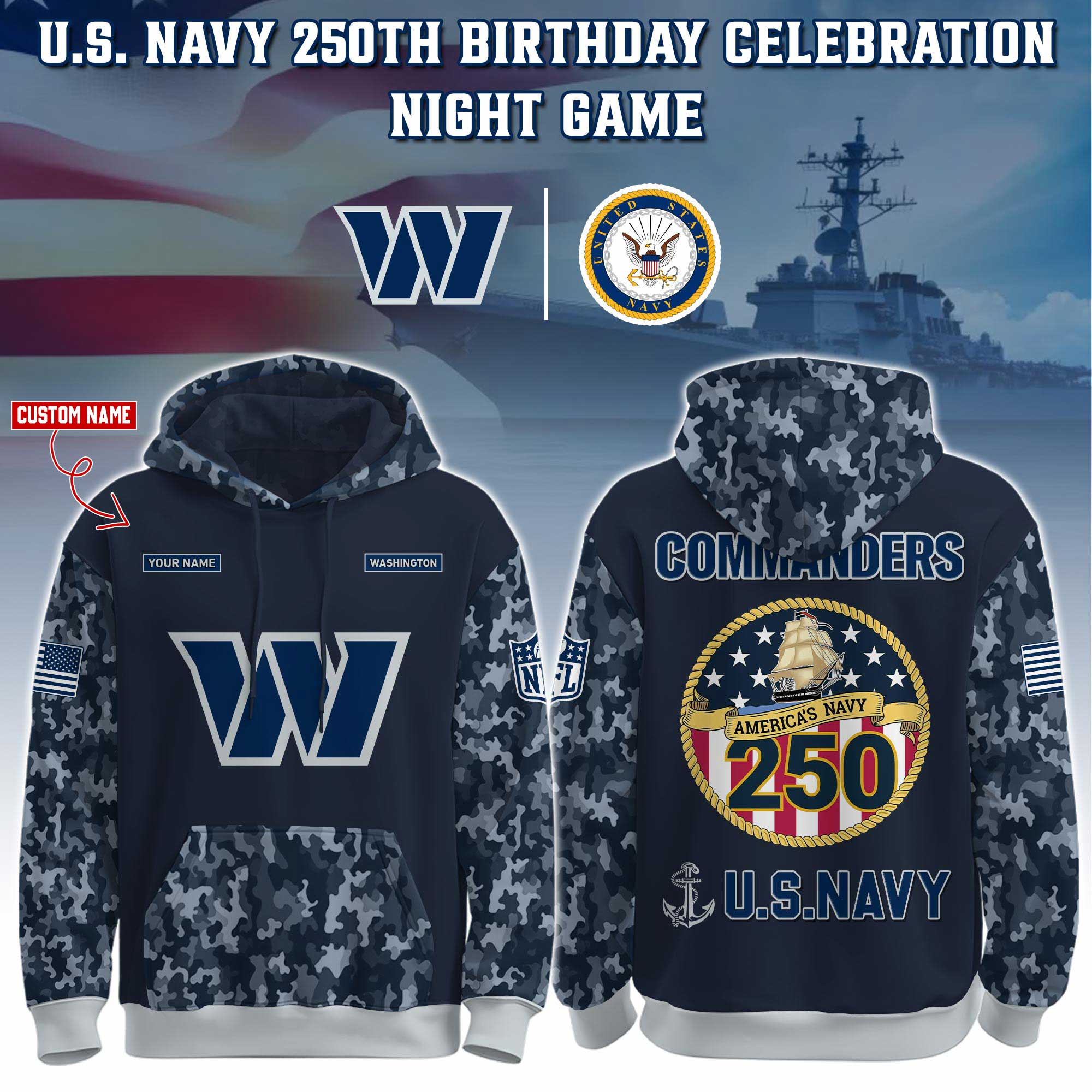 Custom Washington Commanders Navy 250th Birthday Hoodie Limited Edions