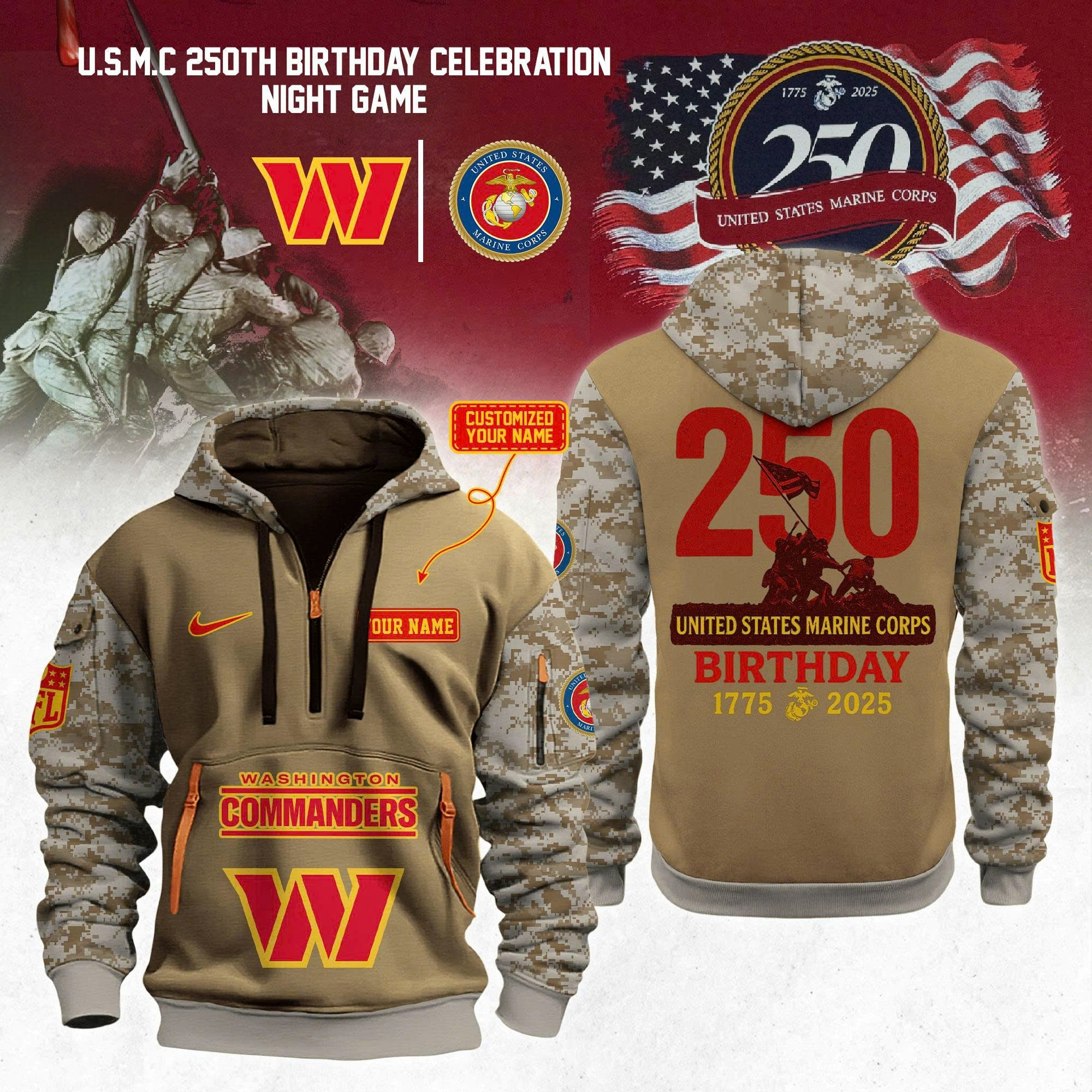 Custom Washington Commanders NFL x U.S.M.C 250th Anniversary 2025 Limited Quarter Zip Hoodie