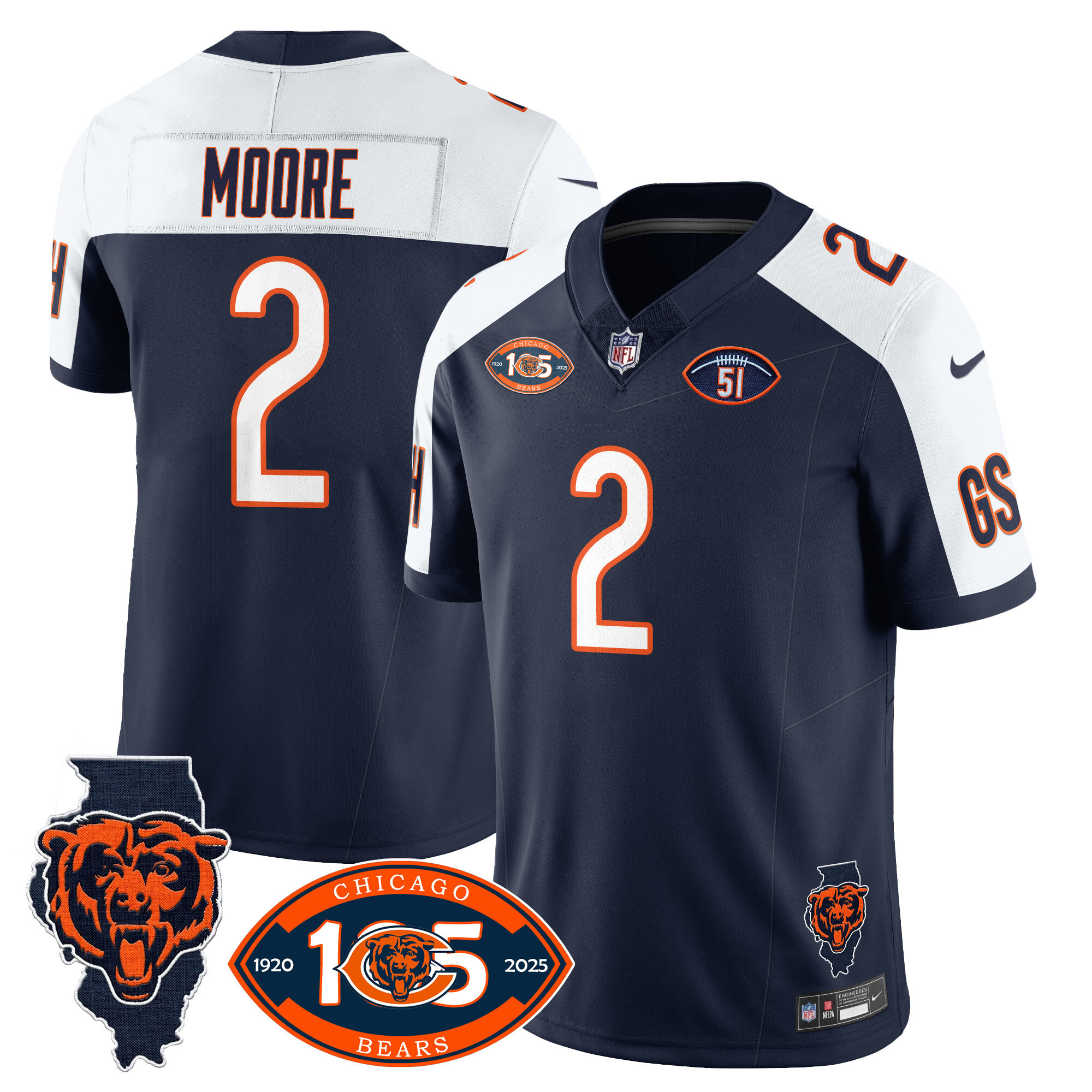D.J. Moore Men's Chicago Bears 1920-2025 The Chicago Bears Vapor Limited Navy Alternate Jersey - All Stitched