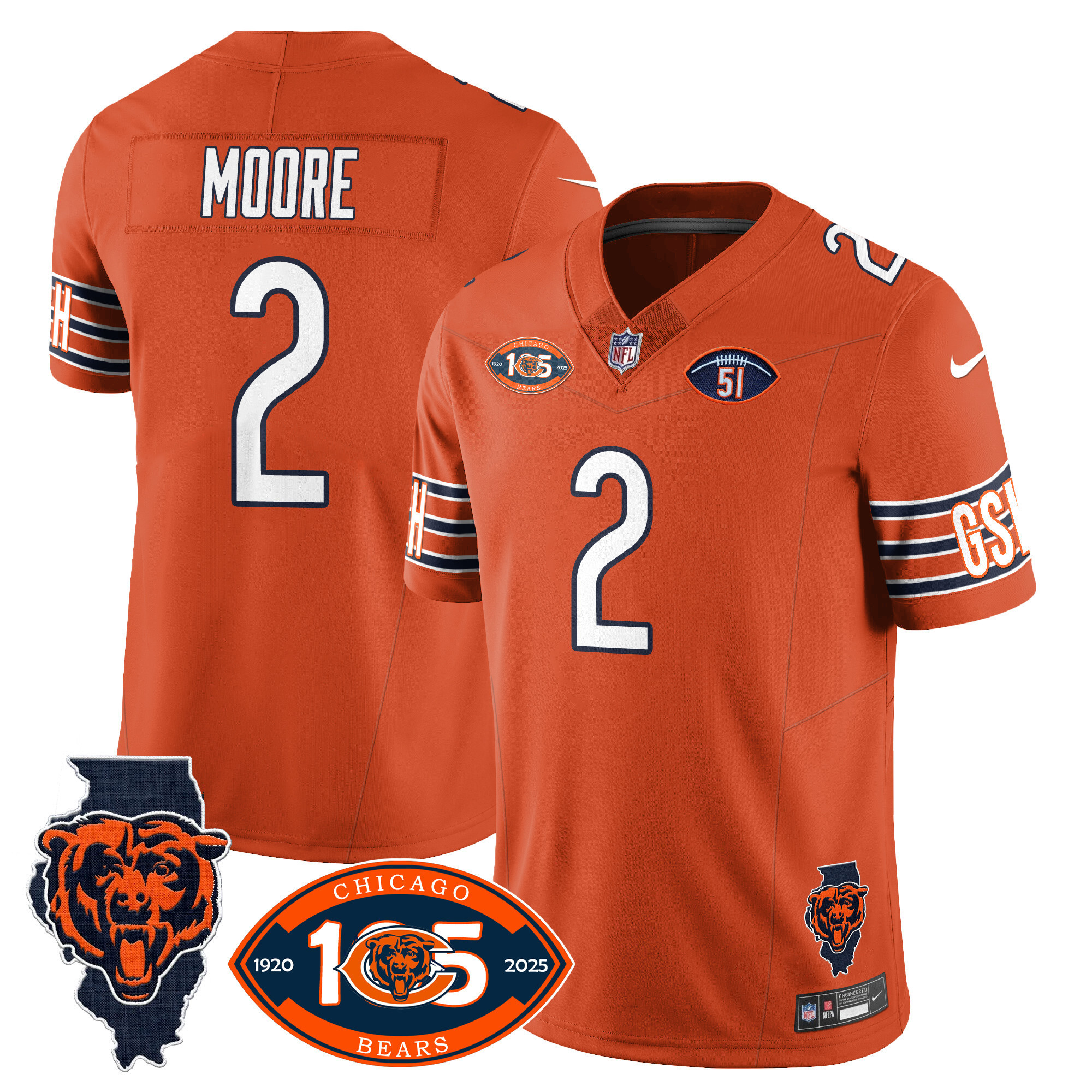 D.J. Moore Men's Chicago Bears 1920-2025 The Chicago Bears Vapor Limited Orange Jersey - All Stitched
