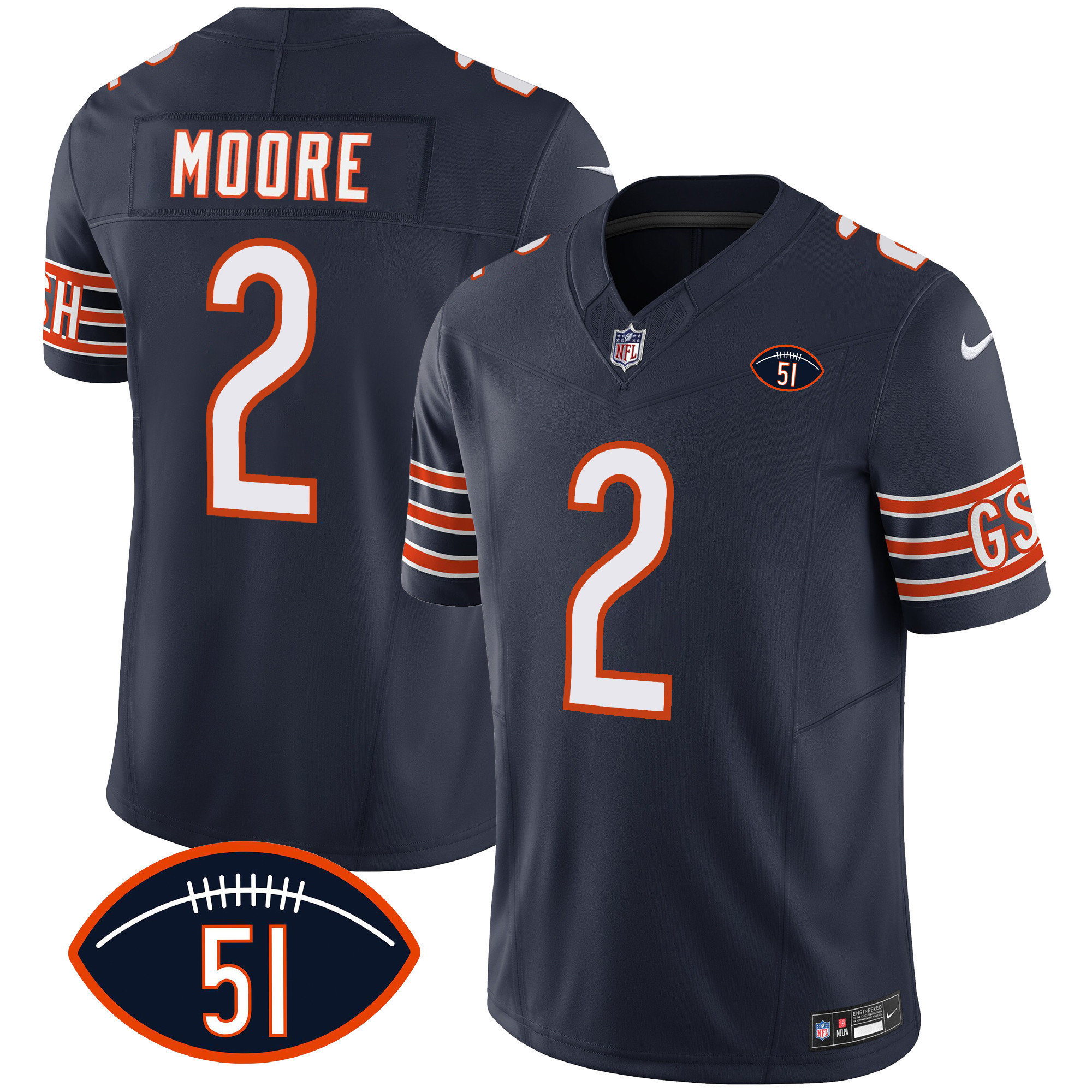 D.J. Moore Men's Chicago Bears Dick Butkus Patch GSH Vapor Navy Jersey - All Stitched