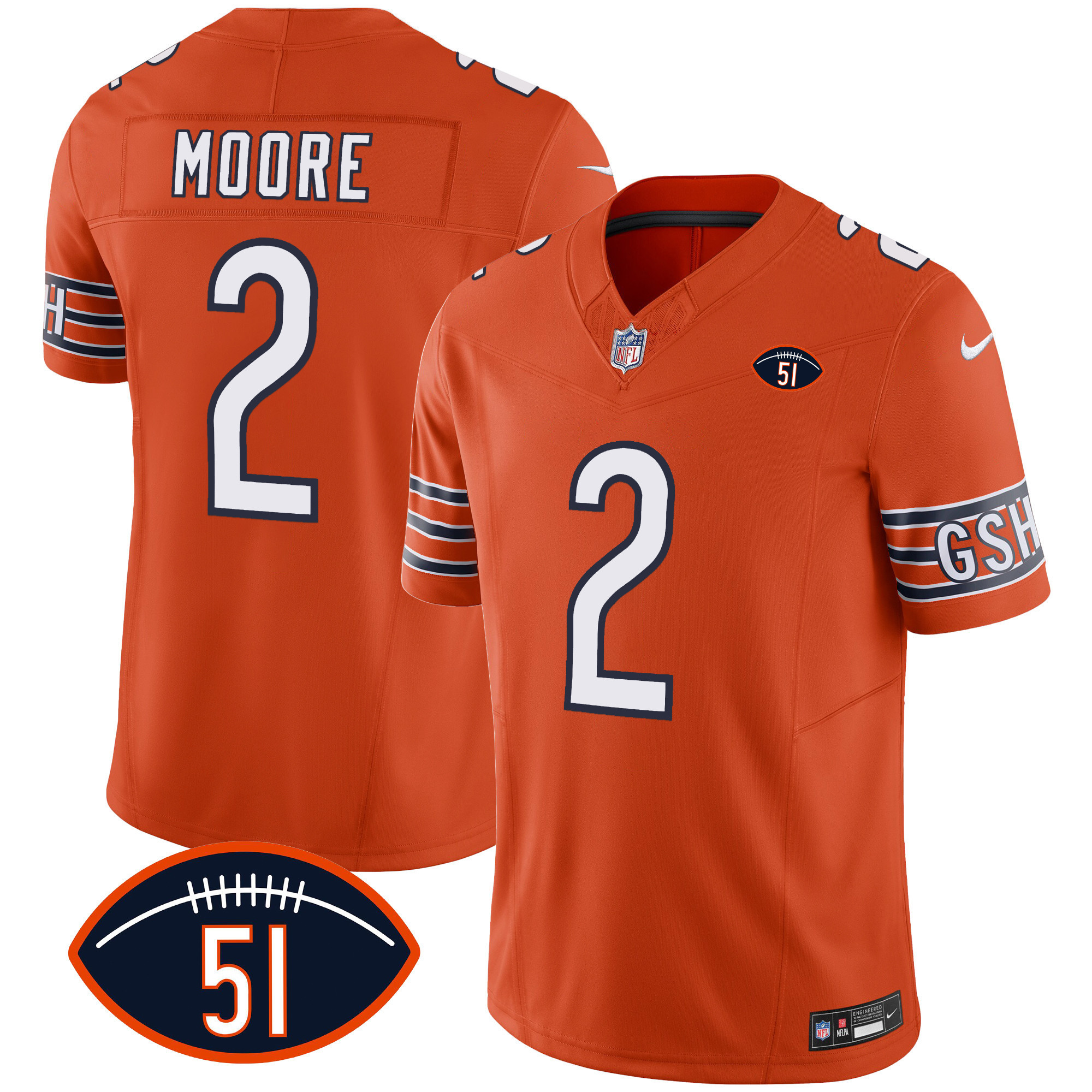 D.J. Moore Men's Chicago Bears Dick Butkus Patch GSH Vapor Orange Jersey - All Stitched