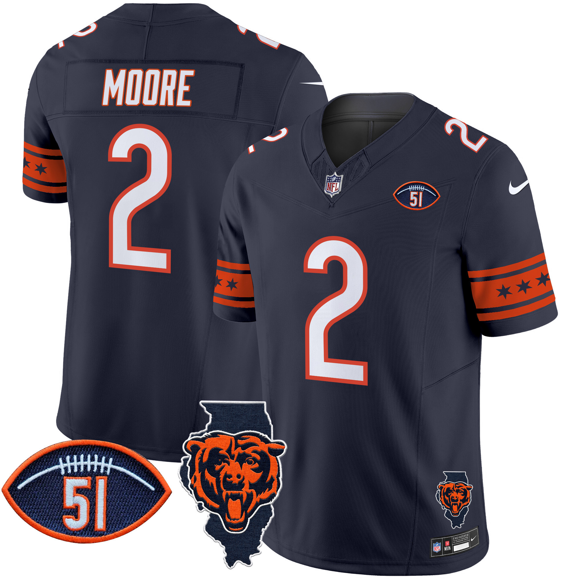 D.J. Moore Men's Chicago Bears Illinois & Dick Butkus Patch Vapor Limited Navy Jersey - All Stitched