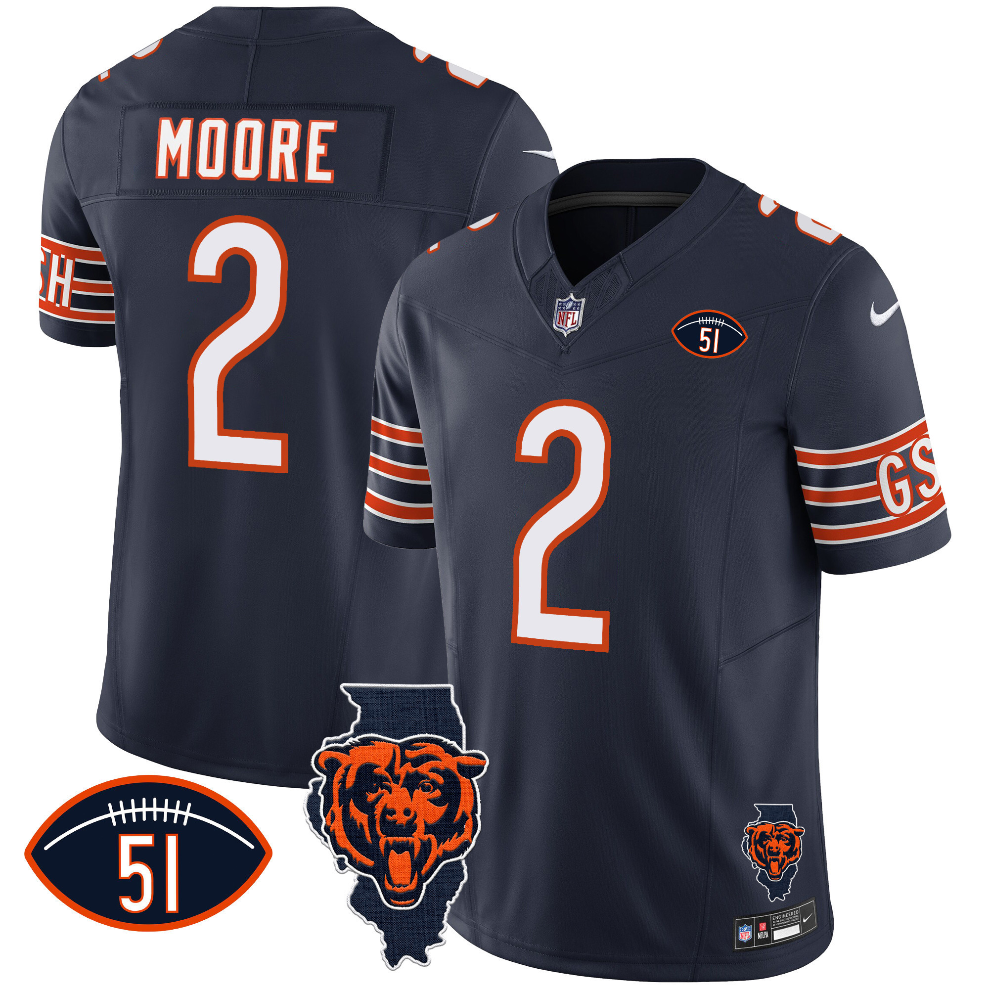 D.J. Moore Men's Chicago Bears Illinois Patch Vapor Navy Jersey - All Stitched